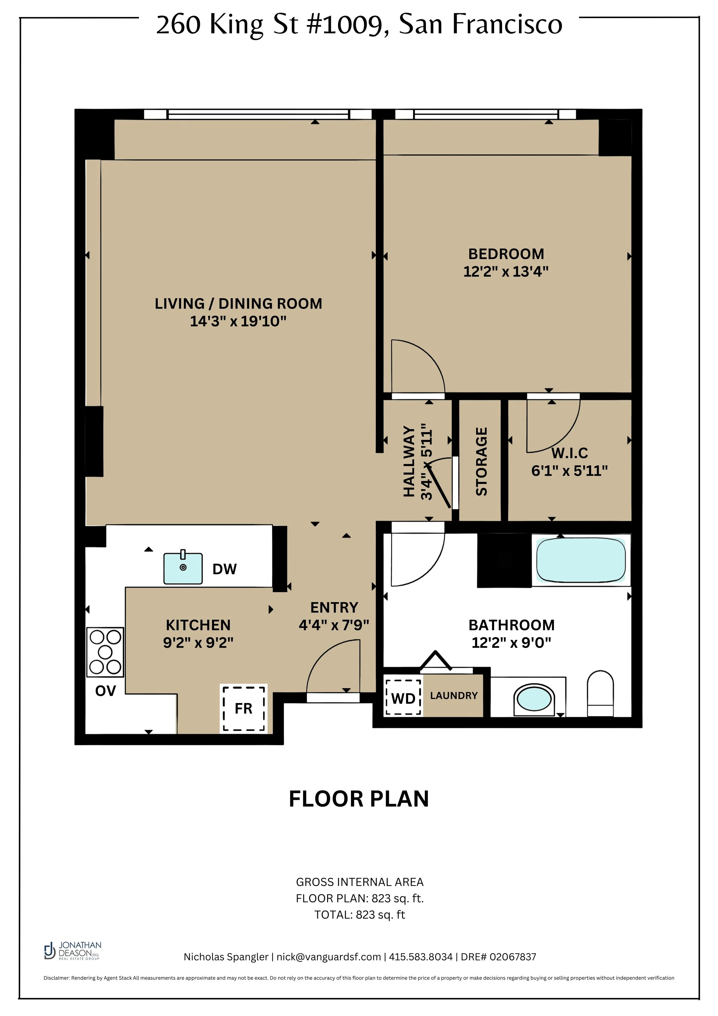 Floor plan of a one-bedroom apartment at 260 King St, San Francisco. It includes a living/dining room, kitchen, entry, hallway, bedroom with walk-in closet, bathroom, storage, and laundry area.