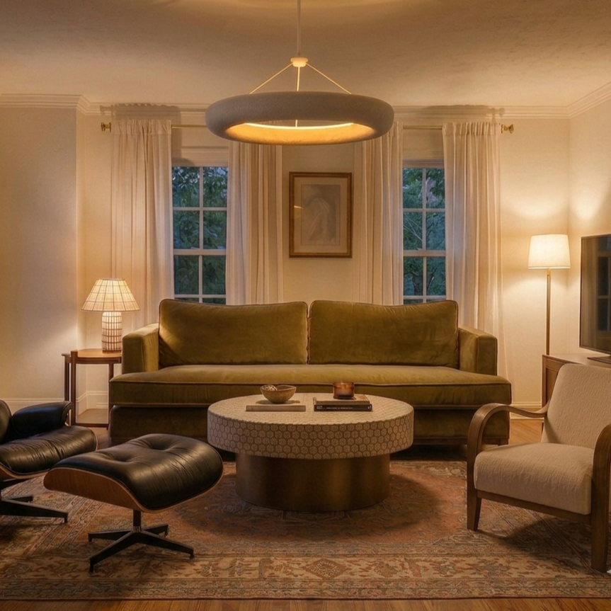 Living room with beige walls, white curtains, a brown sofa, a white armchair, a black leather lounge chair with an ottoman, a round coffee table, two table lamps, and a ceiling light fixture.