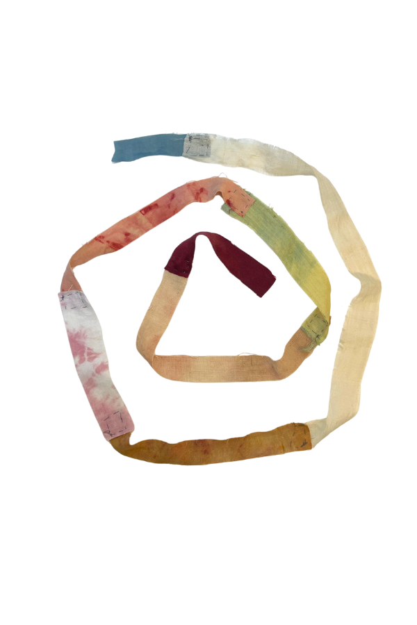 naturally dyed silk fabric scraps sewn together to make ribbon
