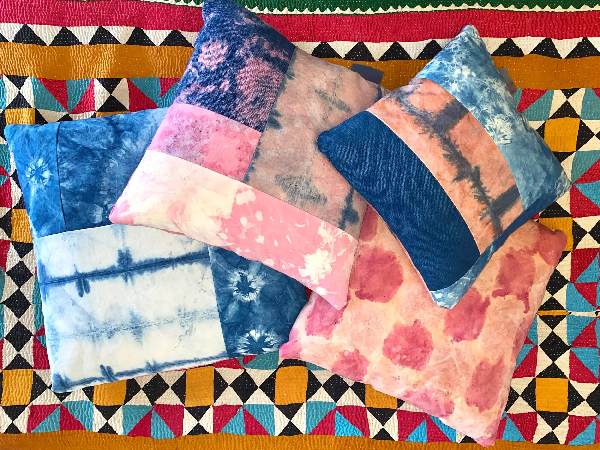 patchwork pillows with natural dyes, 2020