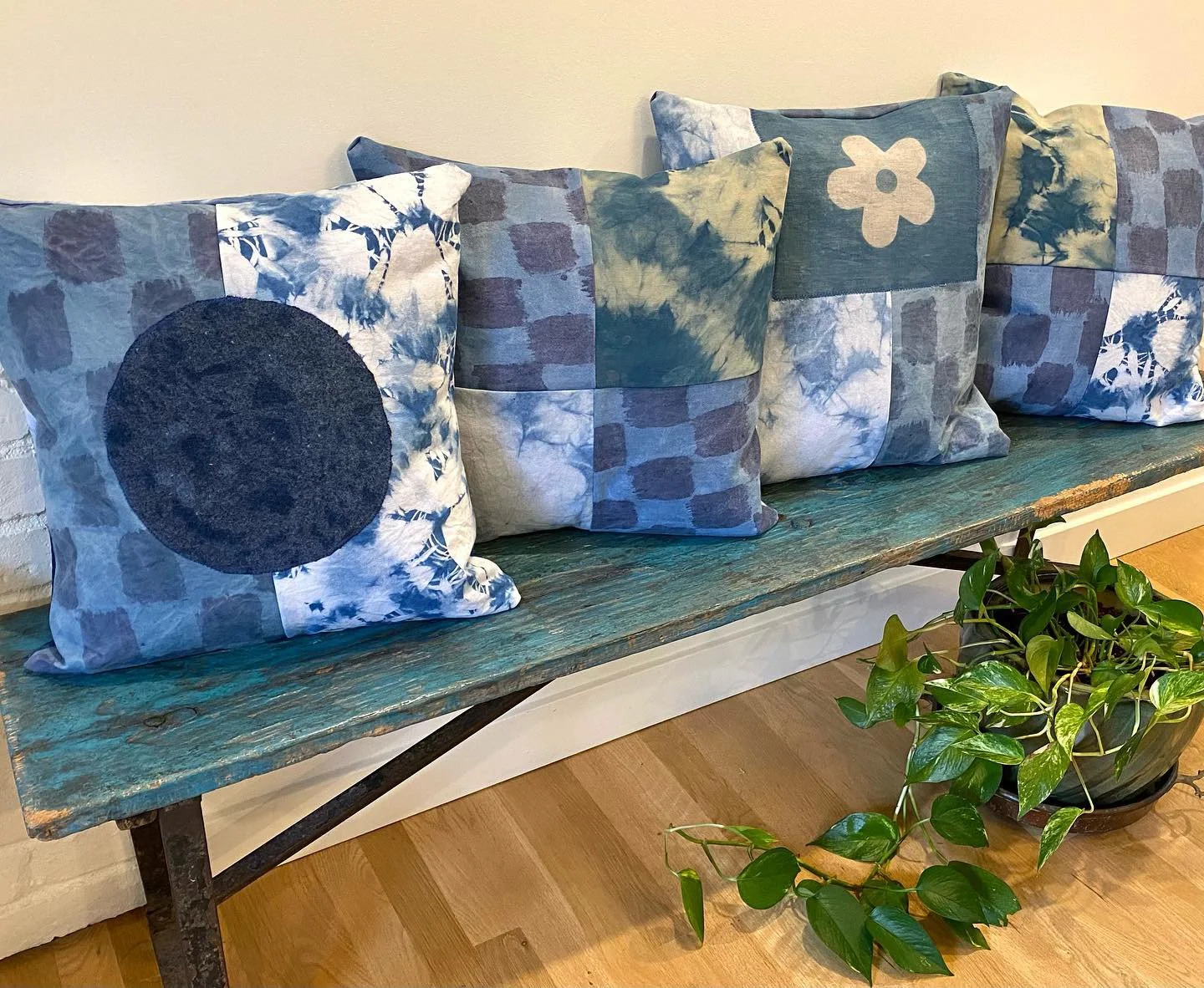 indigo dyed patchwork pillows