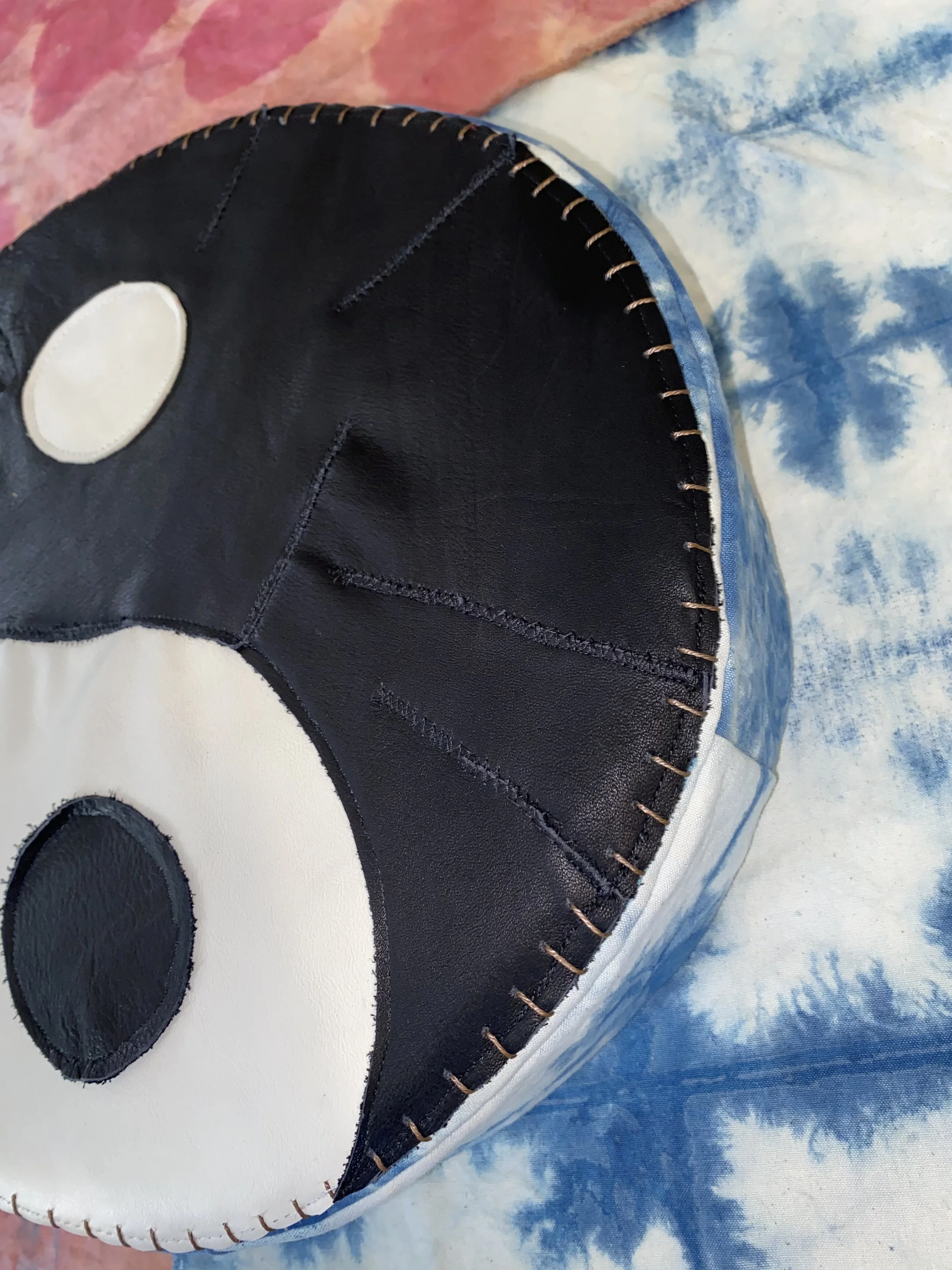 yin yang meditation pillow, cotton, leather, dyed with indigo, 2020