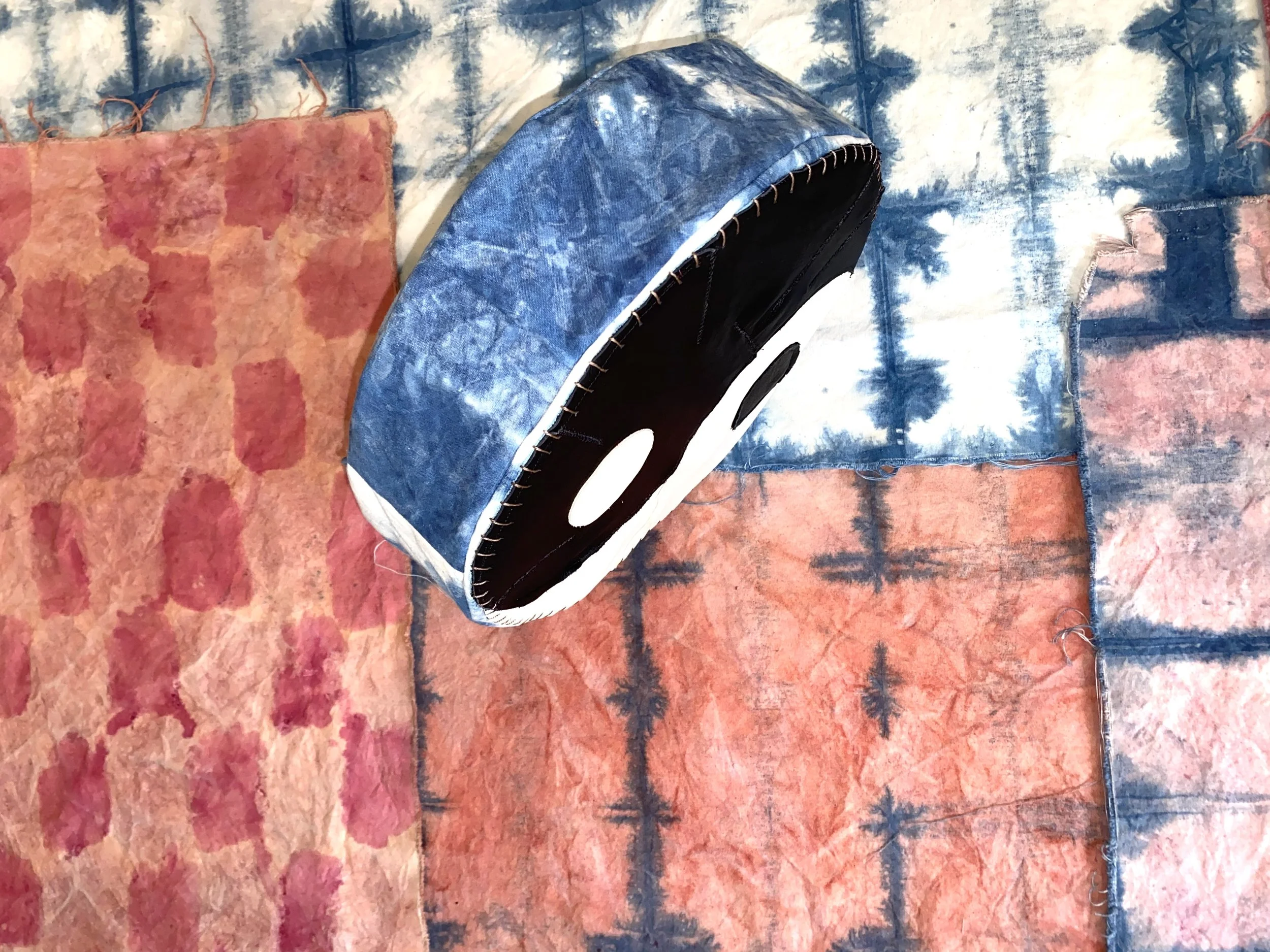 yin yang meditation pillow, cotton, leather, dyed with indigo, 2020