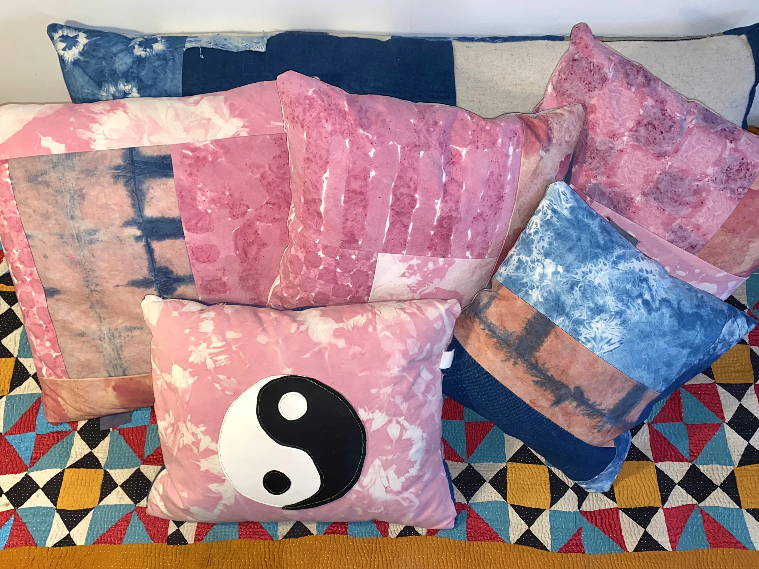 patchwork pillows with natural dyes, leather, wool, cottons, 2020