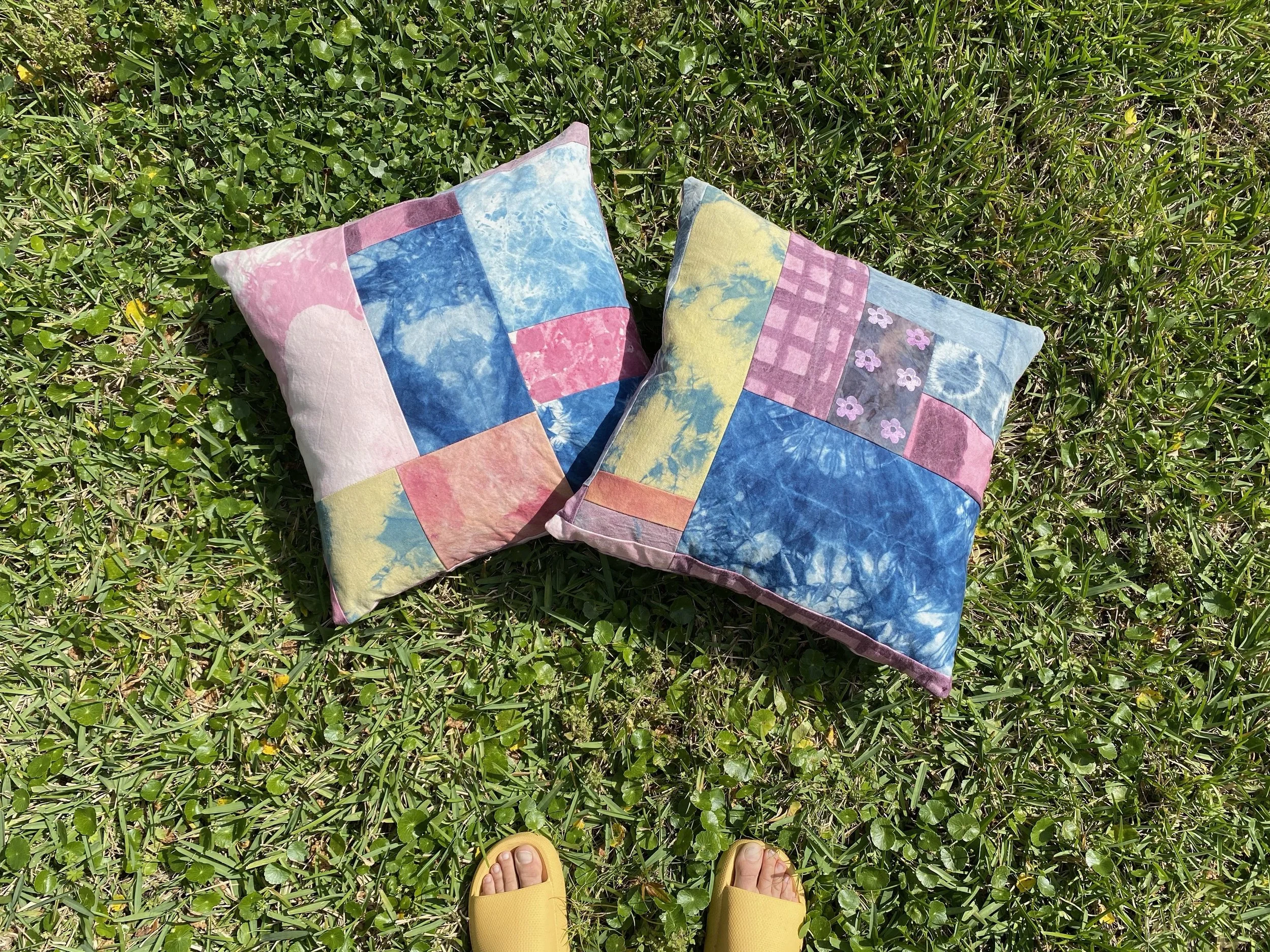 patchwork pillows with natural dyes, 2022