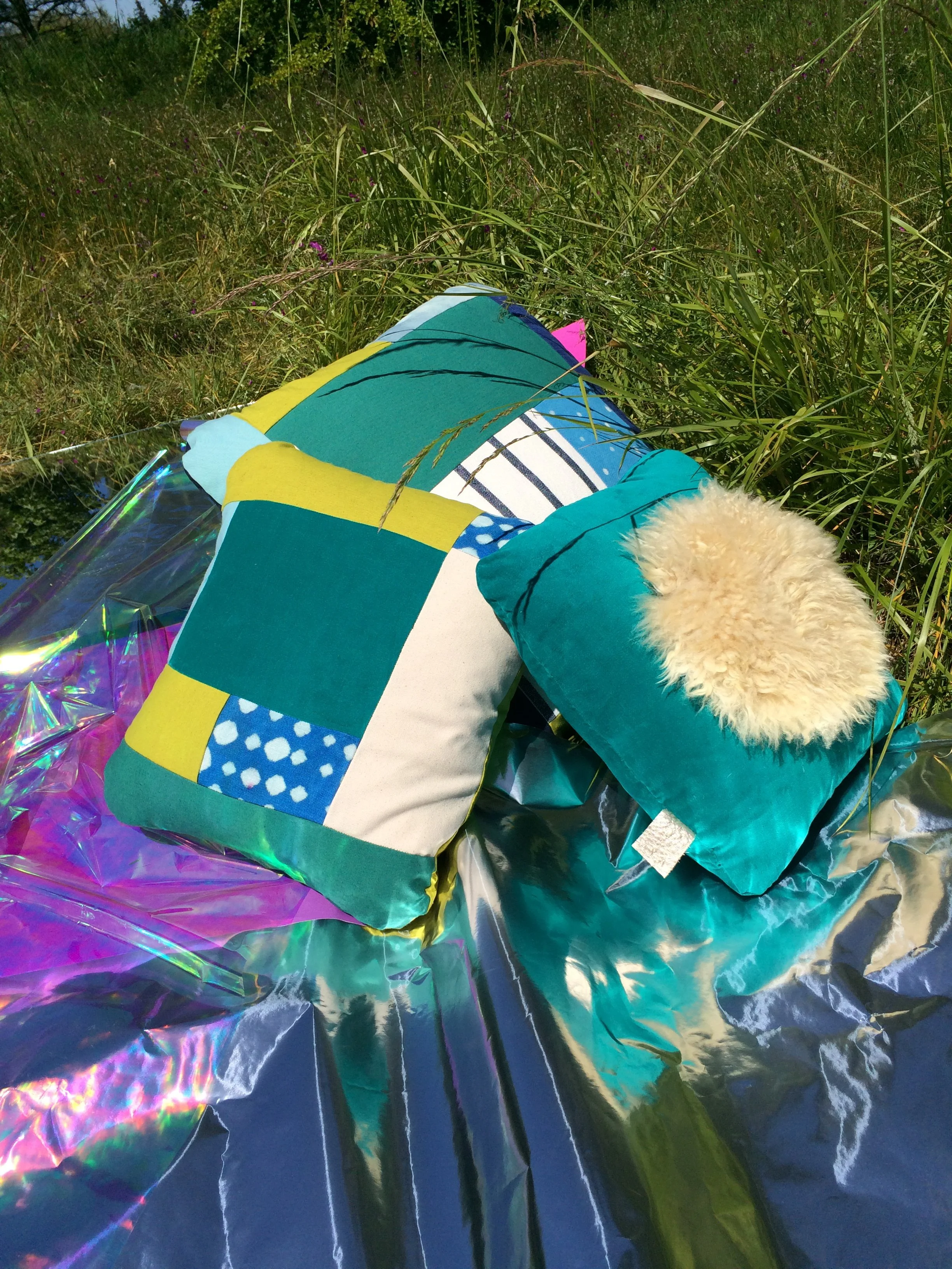 patchwork pillows, sheeps wool, velvet, indigo dyed cotton, synthetic dyes, 2016