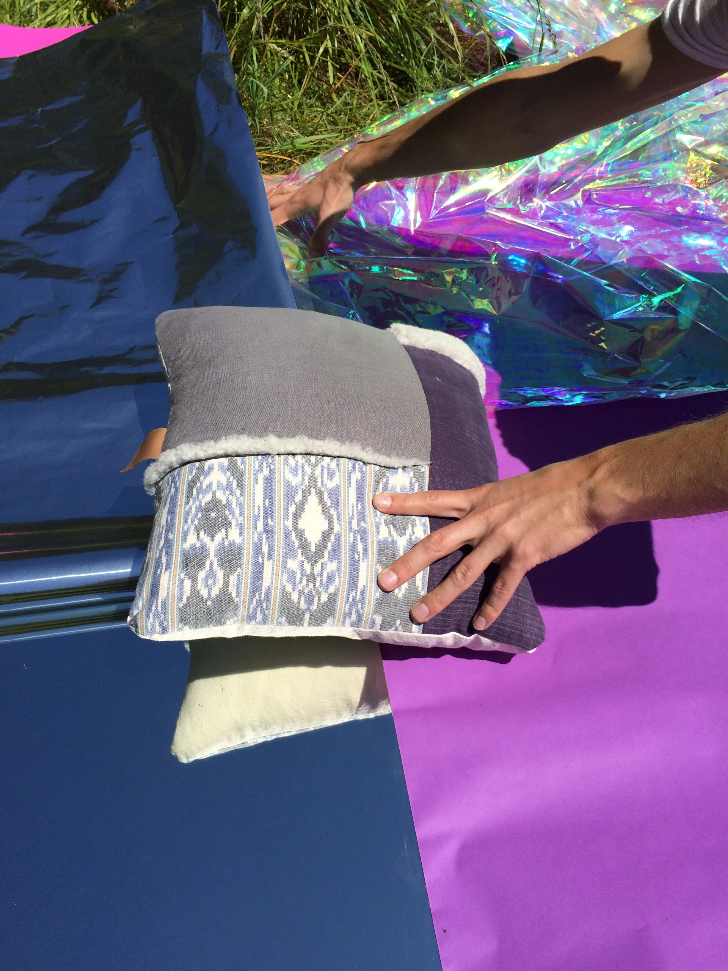 patchwork pillows, sheeps wool, velvet, indigo dyed cotton, synthetic dyes, 2016