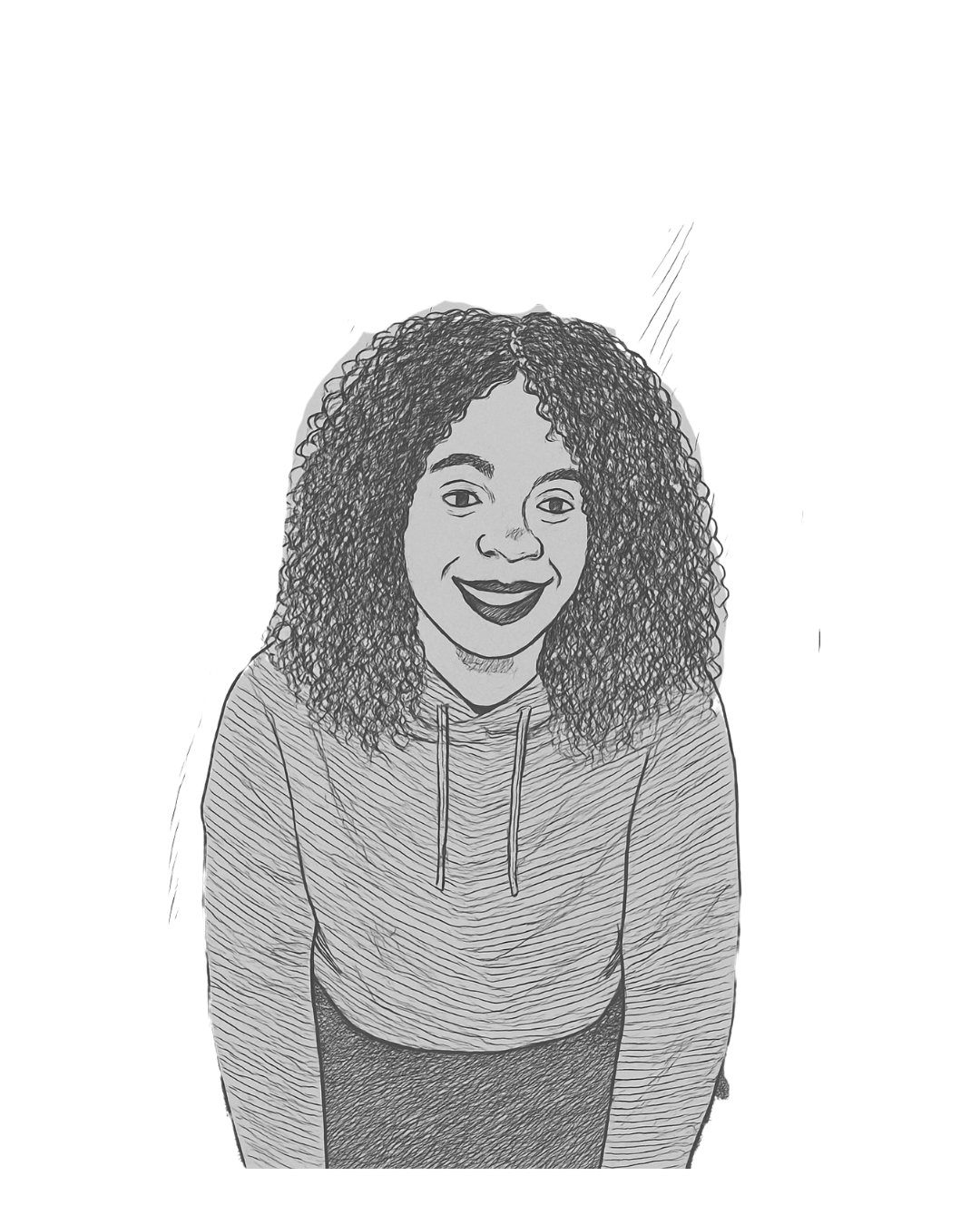 Line drawing of a young woman with curly hair, smiling, wearing a hoodie and skirt.