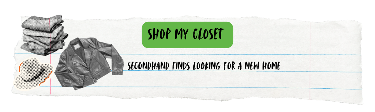 A collage of secondhand clothing and accessories, including folded sweaters, a hat, and a leather jacket, with text promoting a thrift shop for finding a new home.