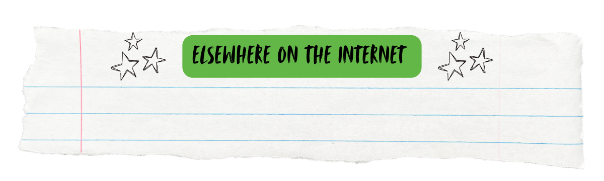 Torn notebook paper with handwritten-style text in a green rectangle that reads 'ELSEWHERE ON THE INTERNET' and small doodles of stars.