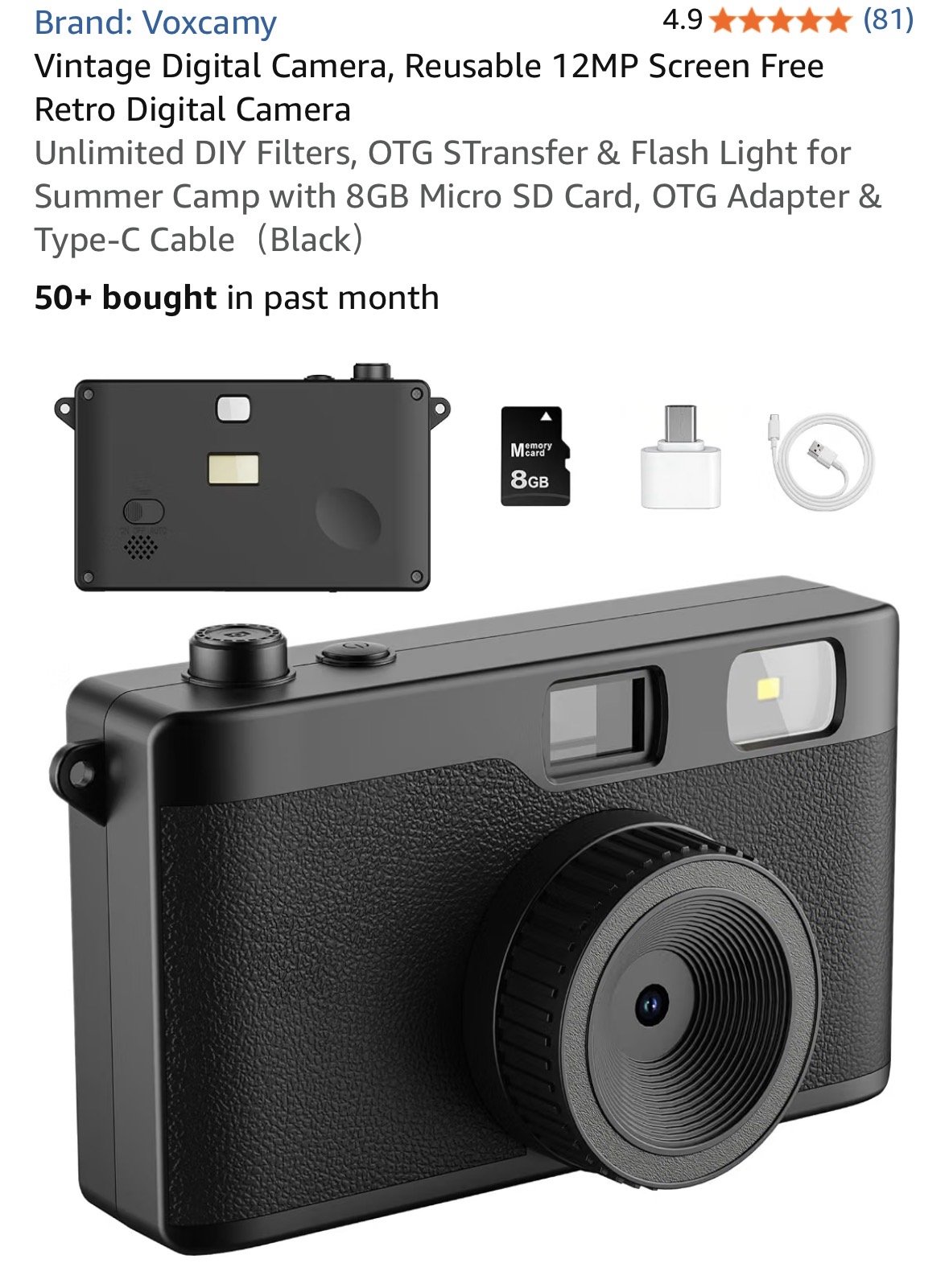 A vintage black digital camera with a textured grip, lens, viewfinder, and flash, accompanied by accessories including a rechargeable battery, micro SD card, USB-C cable, and charging adapter.