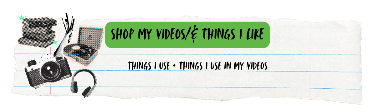 Digital collage of a notebook paper background with photos of a camera, headphones, turntable, and pens, along with text promoting video equipment and content creation tools.