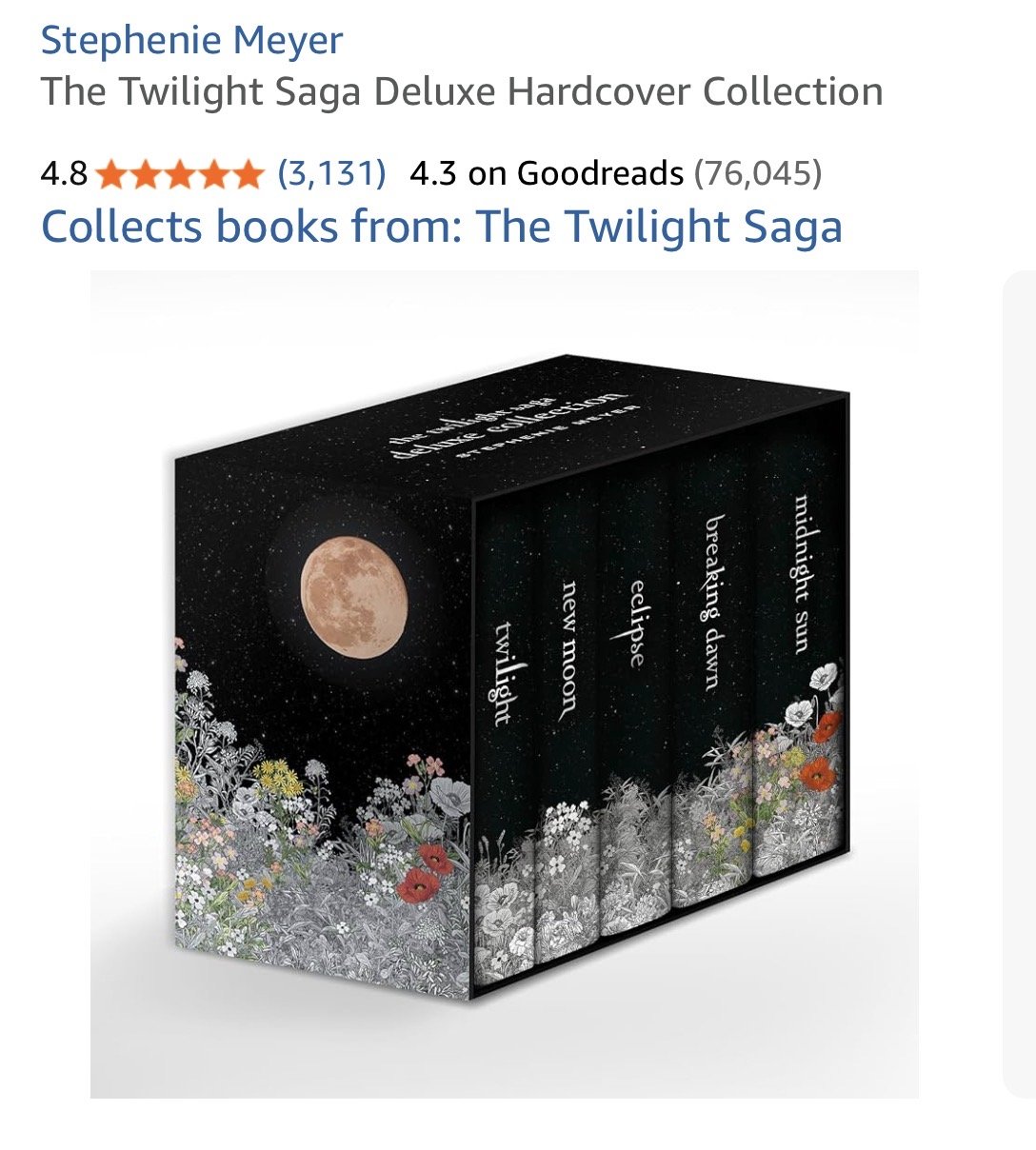 A box set of hardcover books titled "The Twilight Saga" by Stephenie Meyer, featuring a black cover with a moon, stars, and floral illustrations.