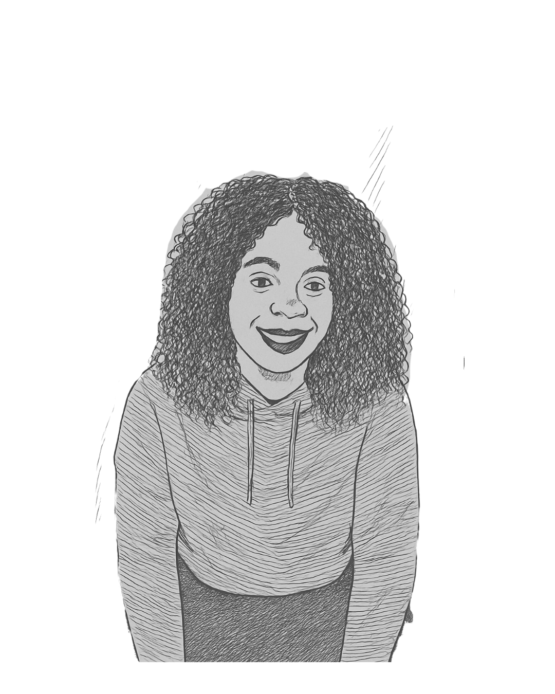 Line drawing of a woman with curly hair, smiling, wearing a hoodie, looking up at the camera.