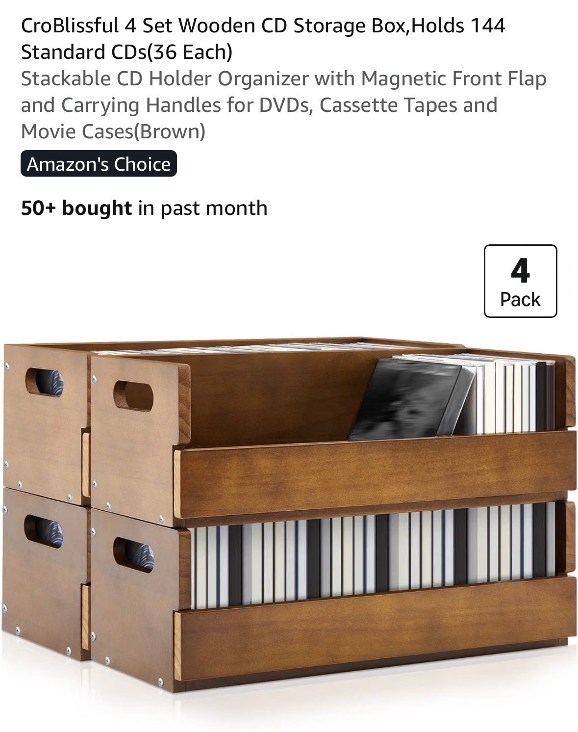 A set of four wooden CD storage boxes in a stack, each holding standard CDs, with a metal handle grip on the side.