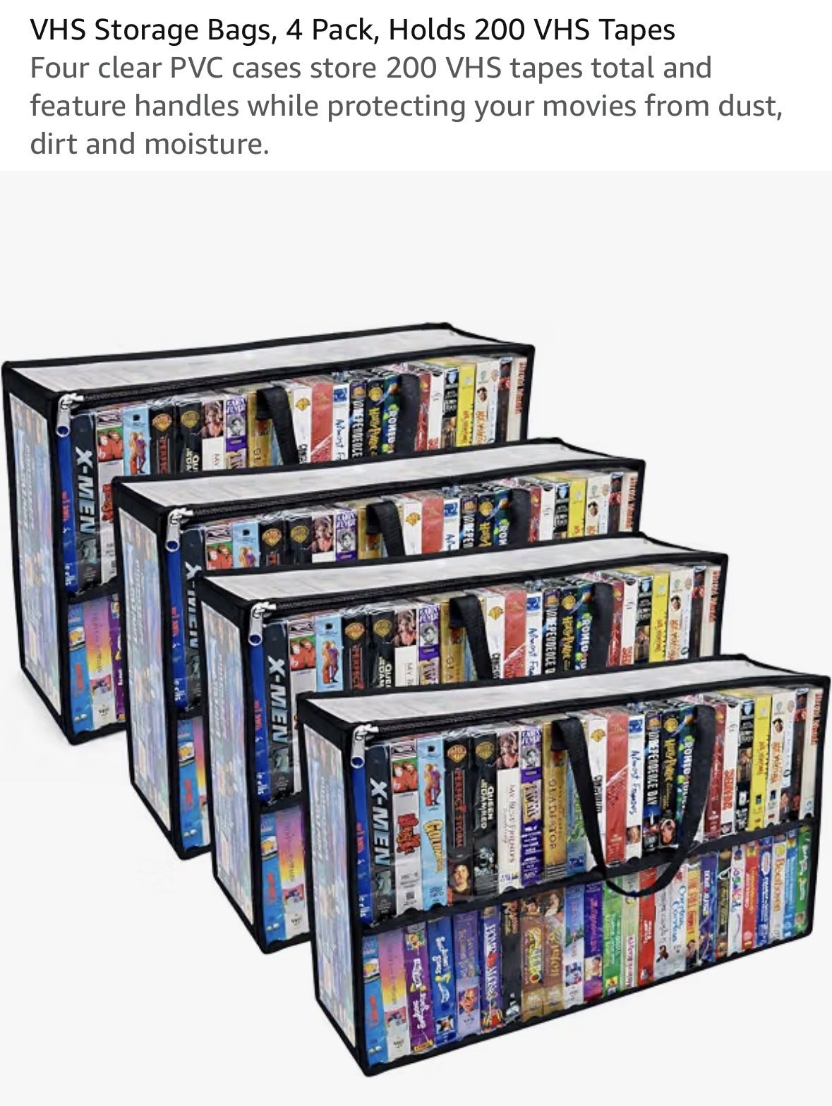 Four clear PVC storage bags with handles, filled with VHS tapes arranged vertically, stacked from largest to smallest in a step pattern.