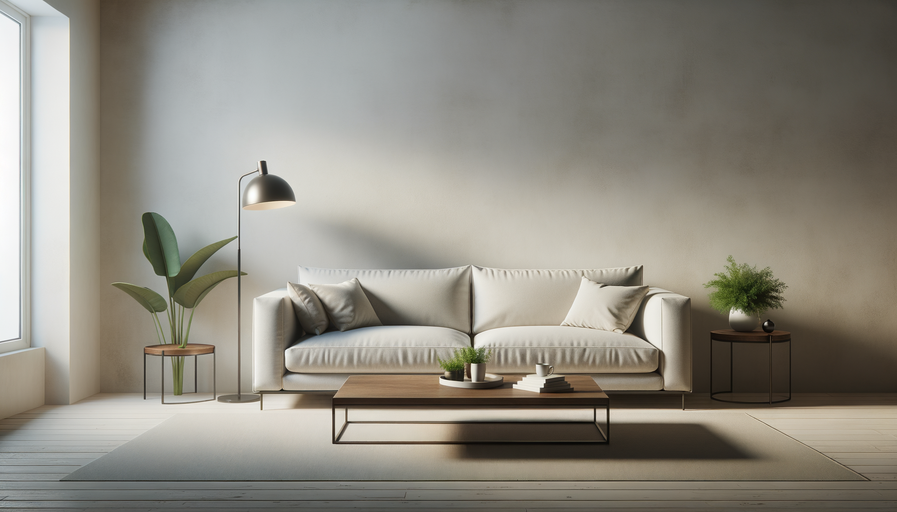 Minimalist living room with a white sofa, wooden coffee table, indoor plants, a floor lamp, large window, and neutral-colored walls and flooring.