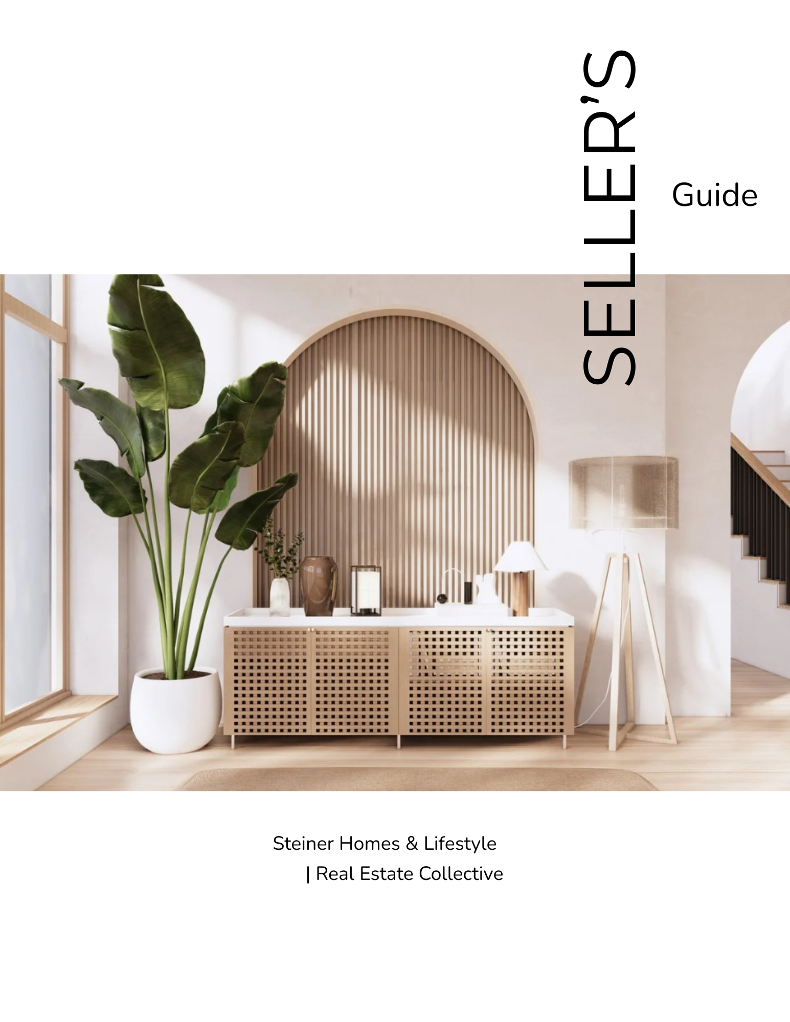 Interior of a modern home with a large potted plant, minimalist furniture, and a decorative wooden arch wall feature in a neutral-colored room.