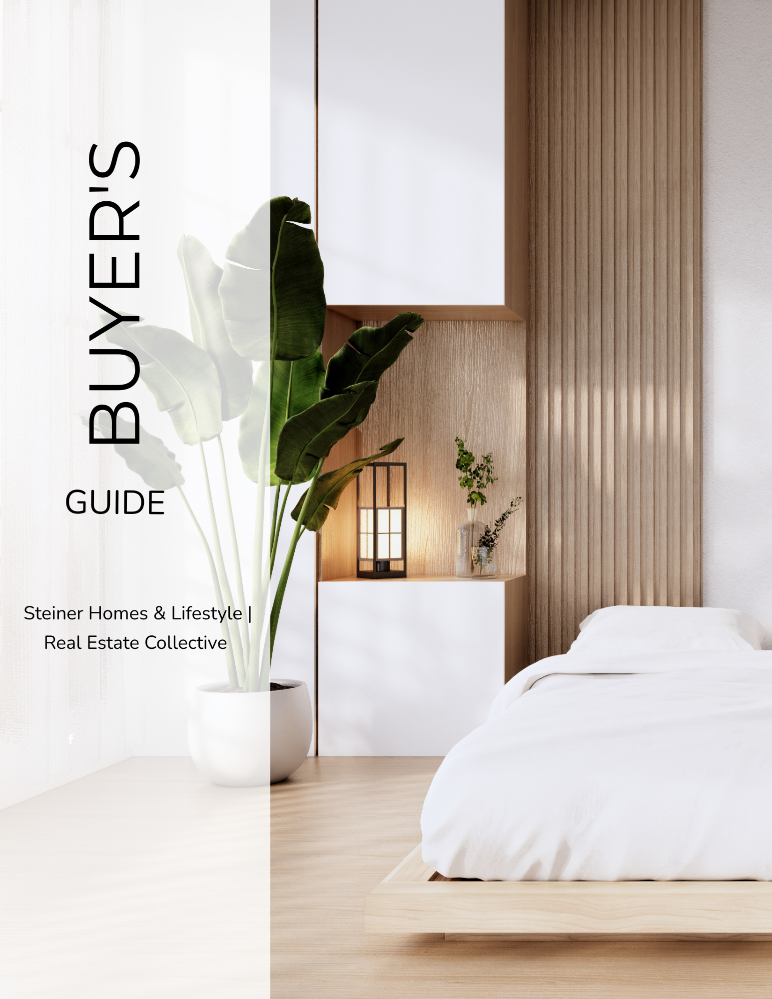 Cover image of a home decor guide with a modern bedroom featuring a white bed, wooden accents, a large potted plant, and a soft ambient light.