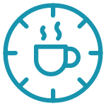 Coffee cup icon with steam, surrounded by a clock face.