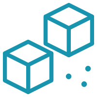 Two blue cubes with three small blue dots beneath them