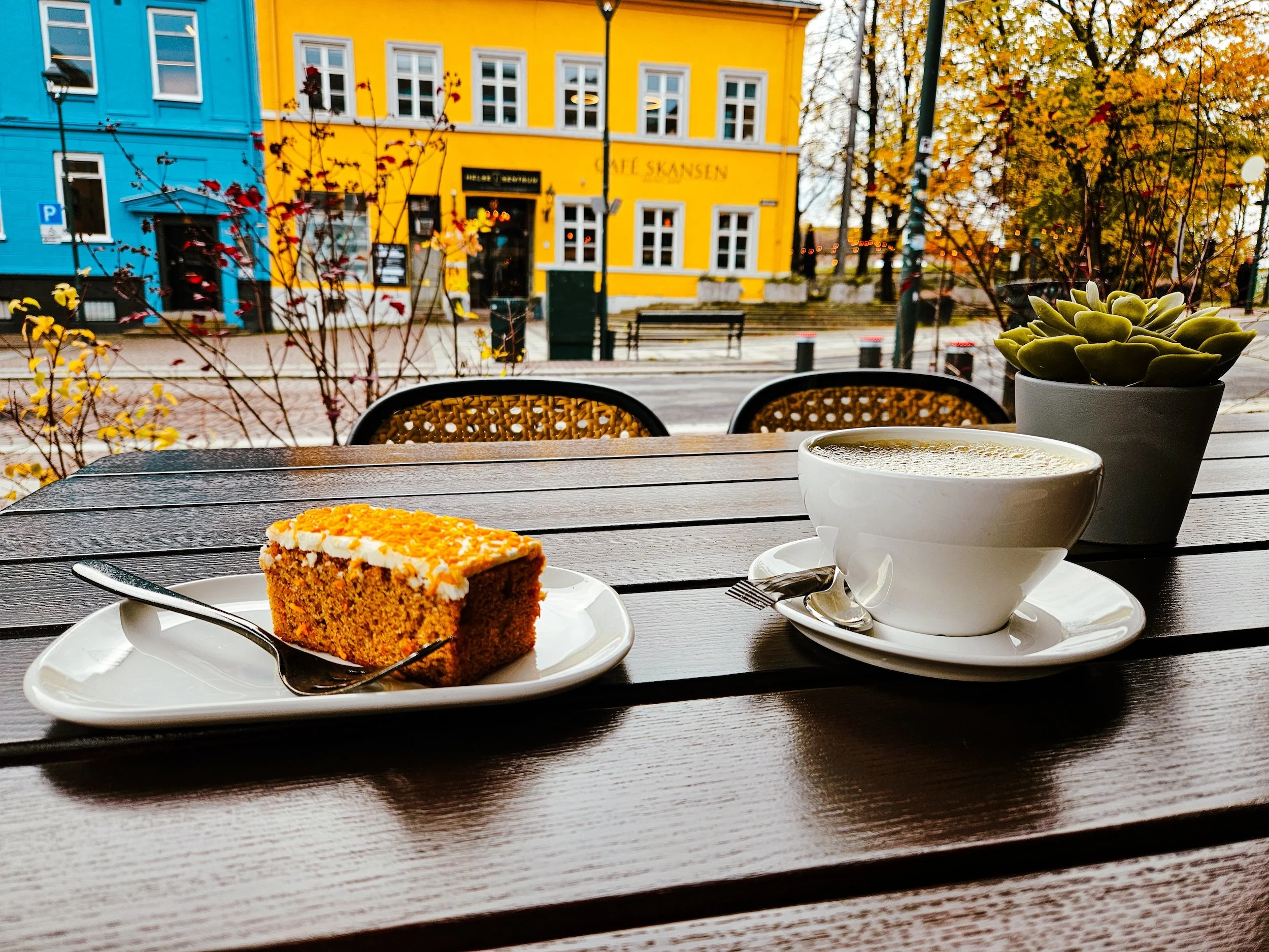 A table scene viewed from inside a cafe, with a slice of carrot cake on a white plate, a cup of coffee, and a potted succulent plant. The background shows a street with colorful buildings and autumn trees outside the window.