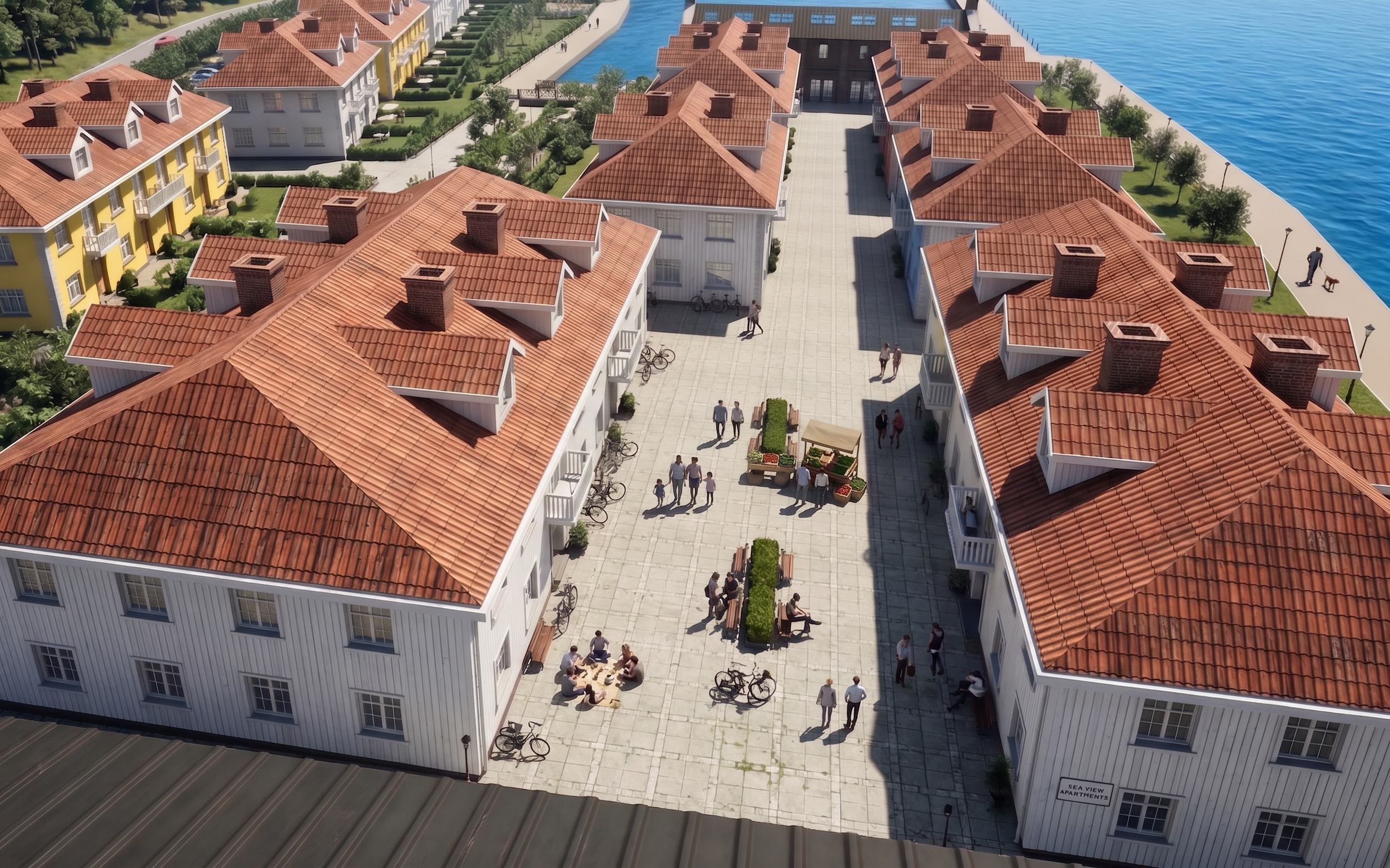 Aerial view of a residential area with white and yellow townhouses with red tile roofs, a central walkway, people walking and sitting, bicycles parked, green trees, and a body of water in the background.