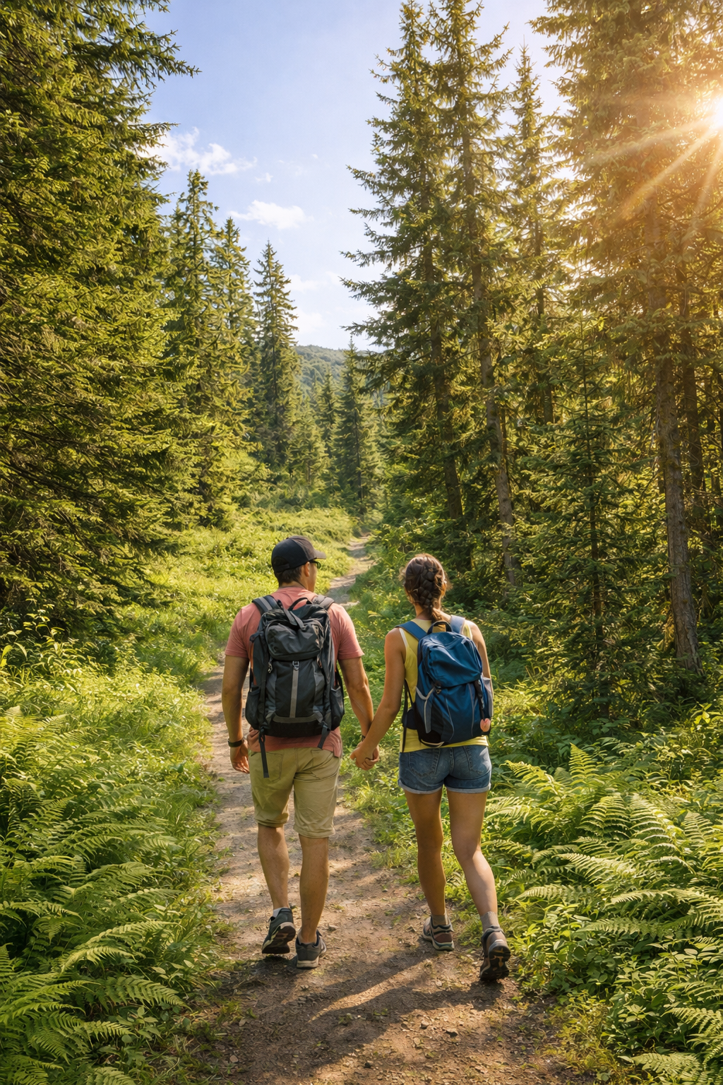 A couple hiking through a lush green forest on a sunny day, holding hands and carrying backpacks.