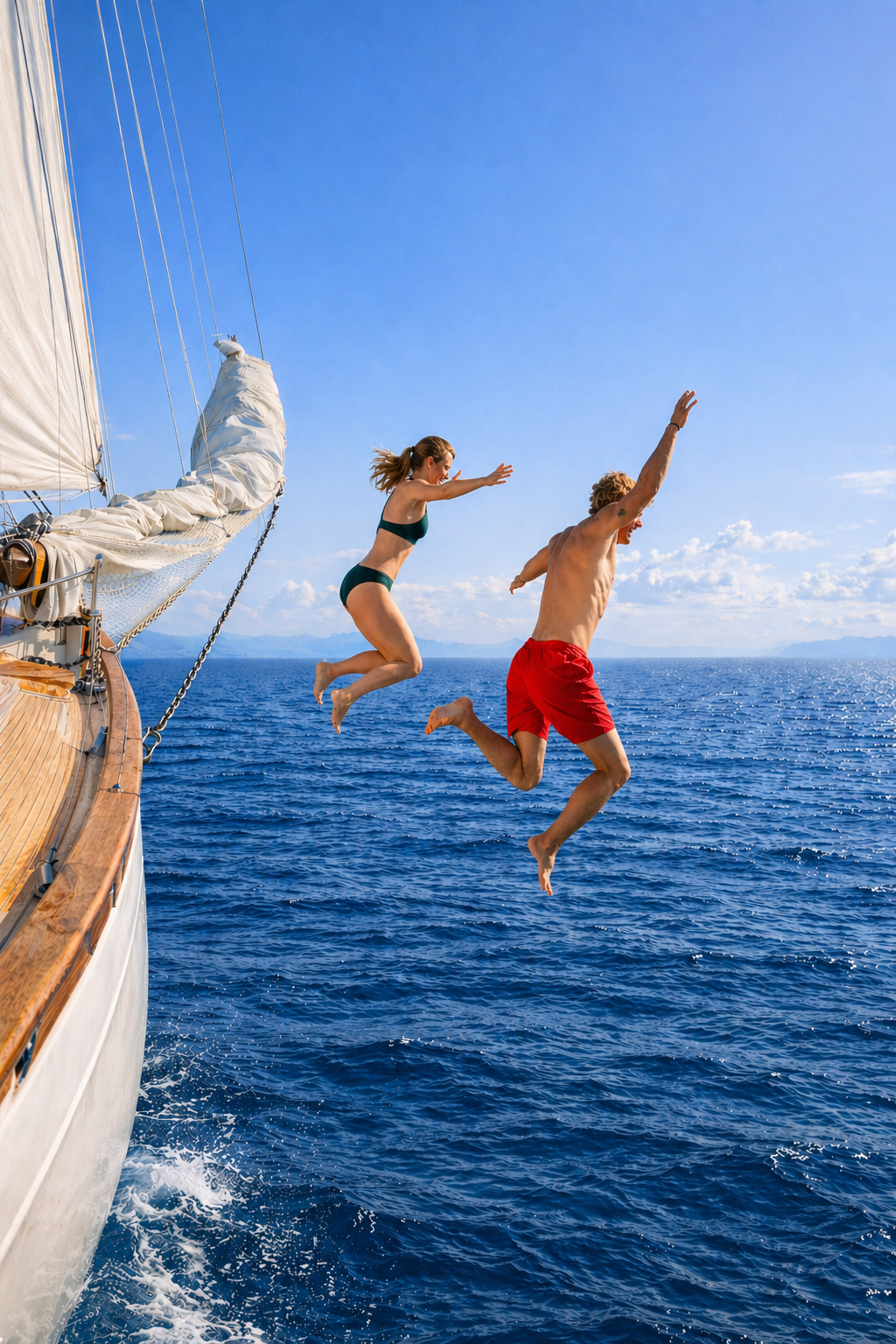 A man and woman jumping off a sailing boat into the water on a sunny day, with blue sky and ocean in the background.