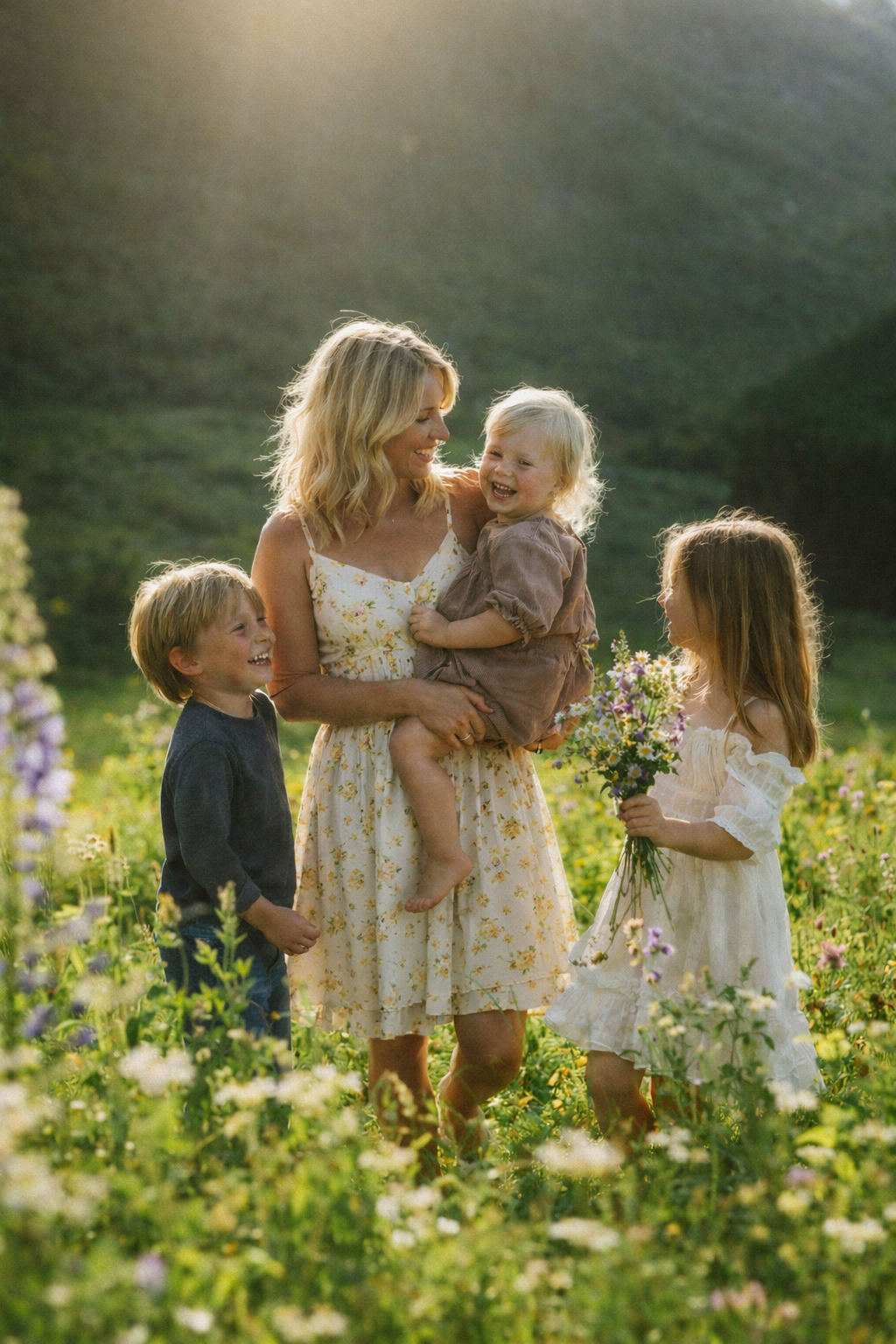 A woman and three children standing in a field of wildflowers, smiling and enjoying each other's company during sunset.