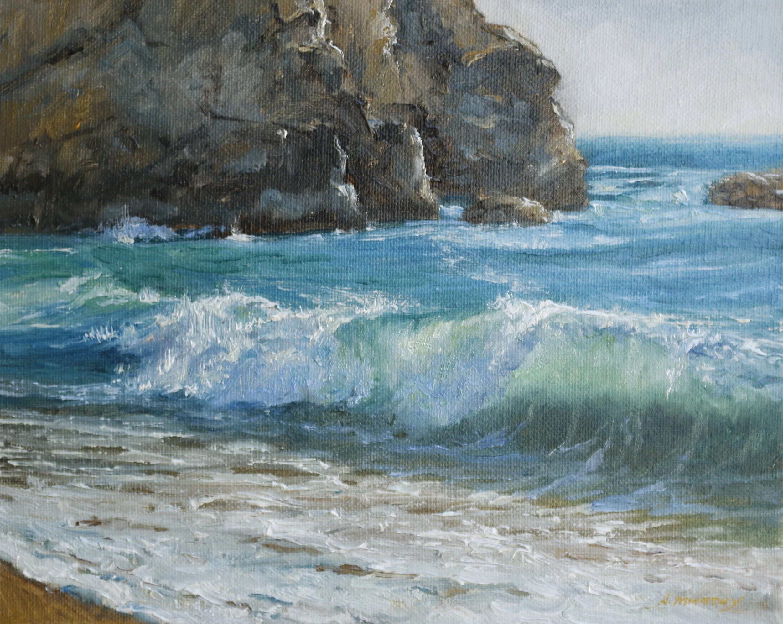 An oil painting of a rocky coastal scene with turquoise waves crashing onto a sandy beach, and large rocks in the background under a pale sky.
