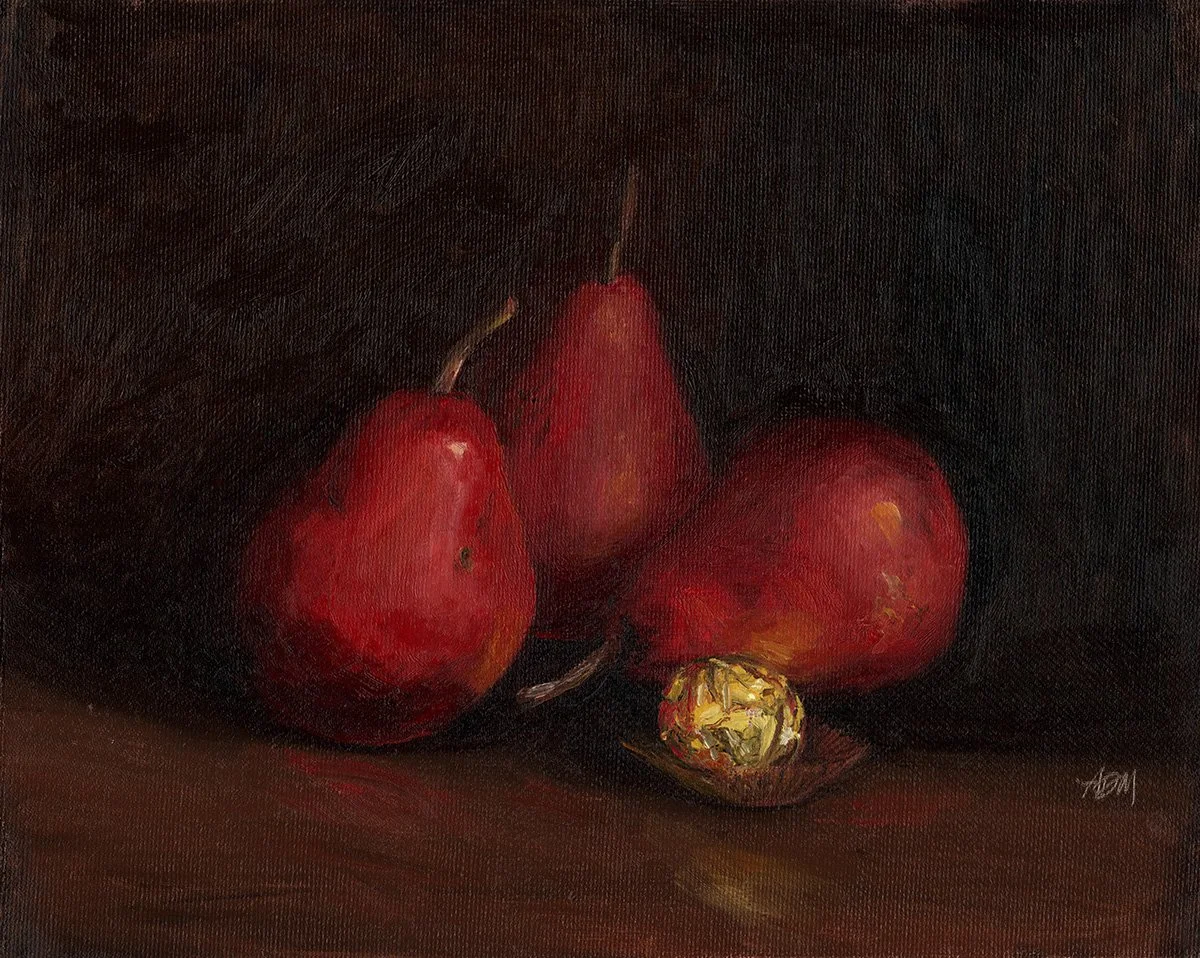 Three Red Pears and Chocolate | Oil | 8x10 | AVAILABLE