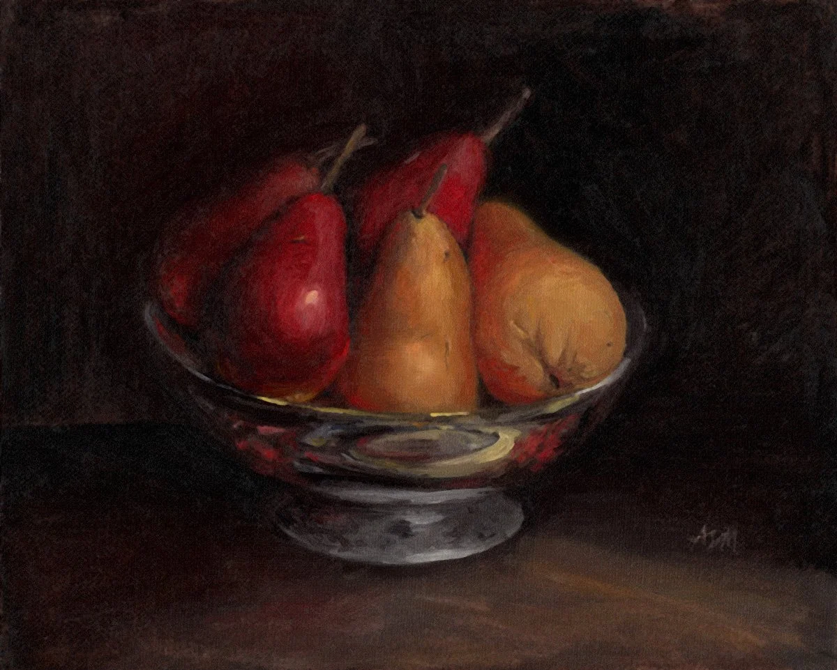 Red and Yellow Pears in Silver Bowl | Oil | 8x10 | AVAILABLE