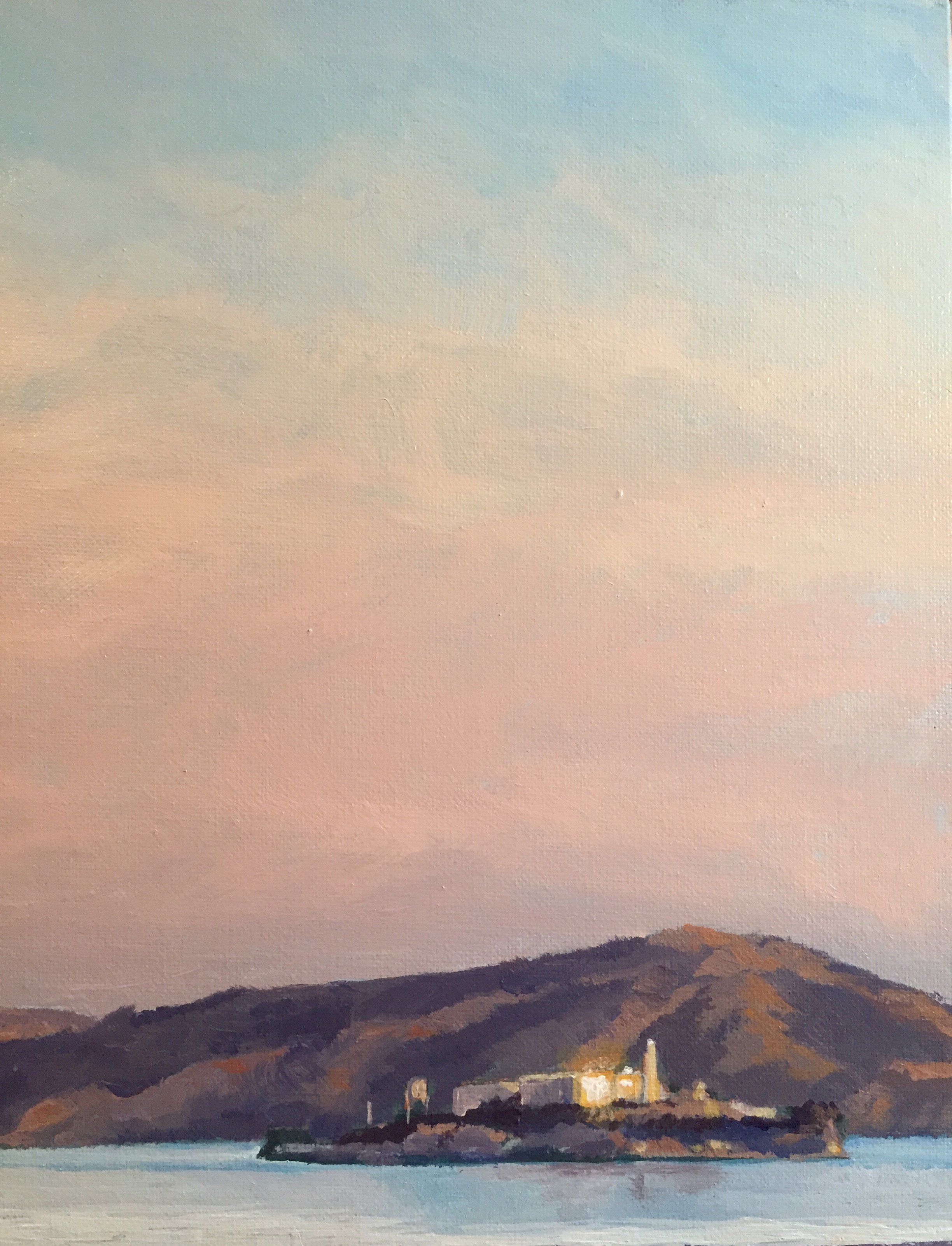 An oil painting of Alcatraz Island with a softly colored sky and mountains in the background.