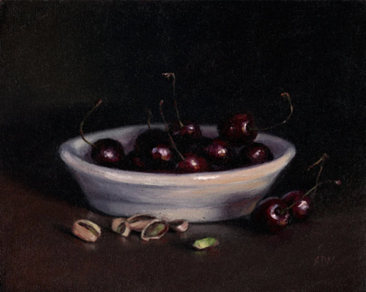 White Bowl with Cherries and Pistachios | Oil | 8x10 | AVAILABLE