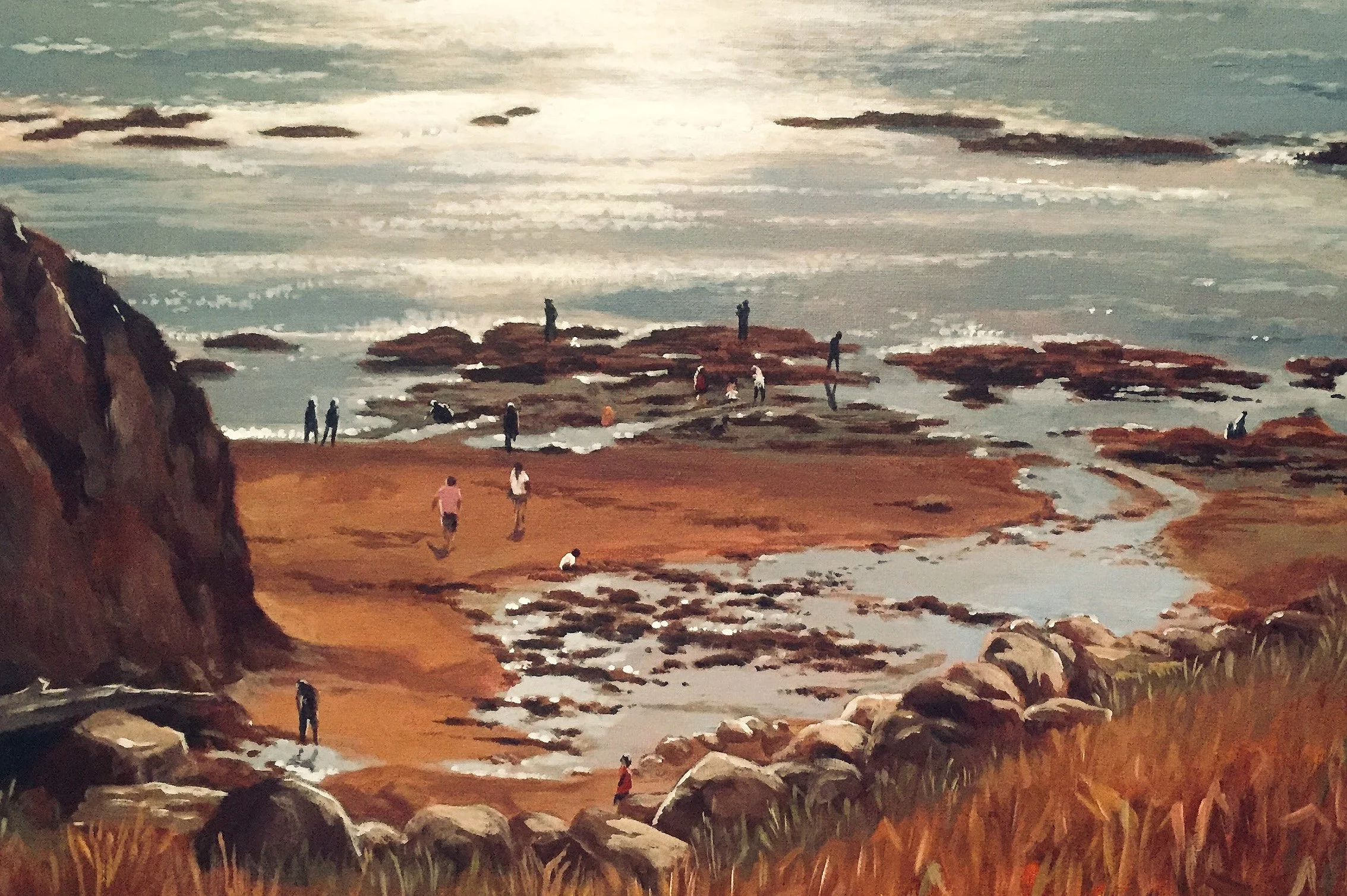 An oil painting of a rocky shoreline with several people walking along the beach and on rocks, a stream flowing into the ocean, and waves crashing against the rocks under a cloudy sky.