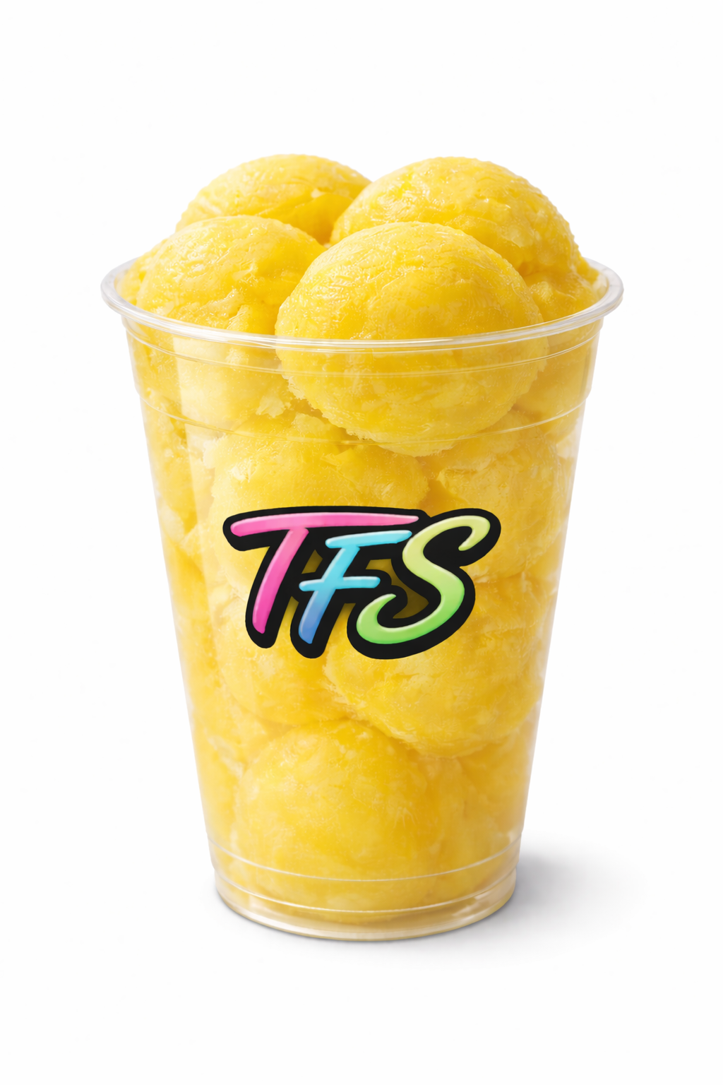 A clear plastic cup filled with yellow scoops of Italian Ice, branded with the TFS logo in colorful letters.