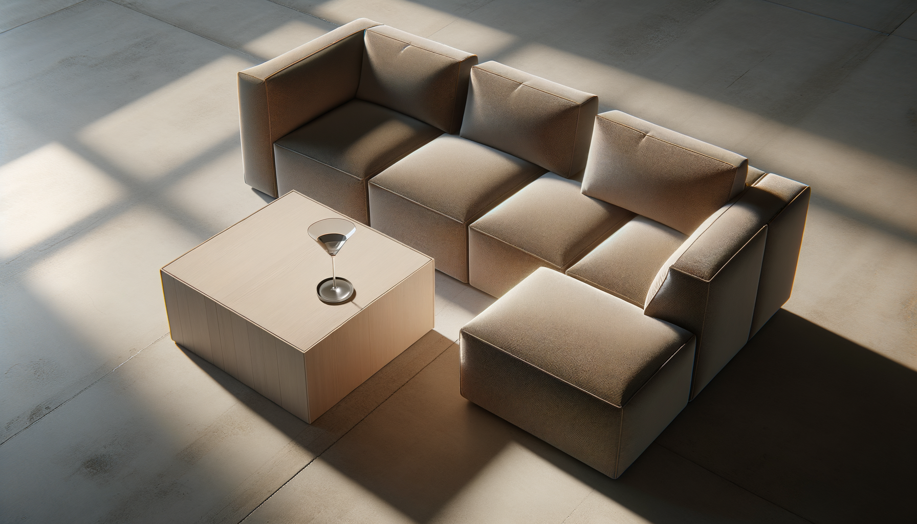 A contemporary beige sectional sofa with matching cushions, a light wood square coffee table, and a modern black table lamp, all in a minimally decorated space with concrete flooring and sunlight creating shadows.