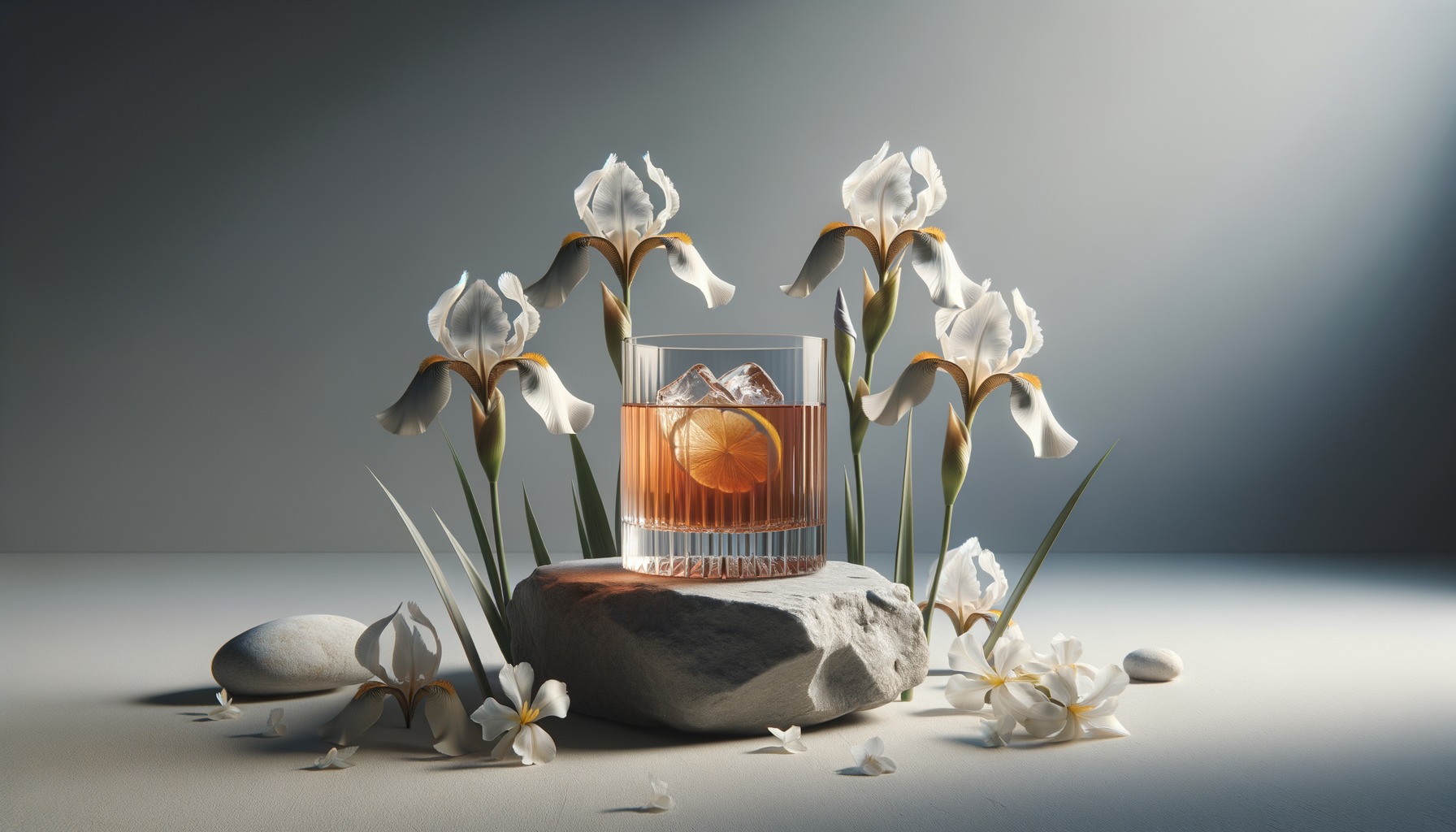 A glass of iced tea with lemon slice surrounded by white iris flowers on a stone and smooth white surface with a dark gradient background.