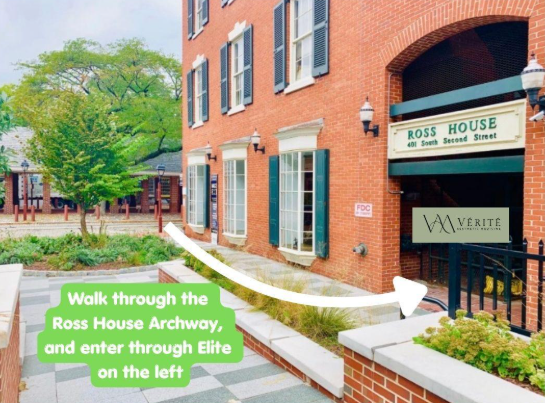 A brick building with a sign for Ross House on South Second Street. There are blue shutters on the windows and a green tree nearby. Vérité Aesthetic Medicine | Injectables in Philadelphia
