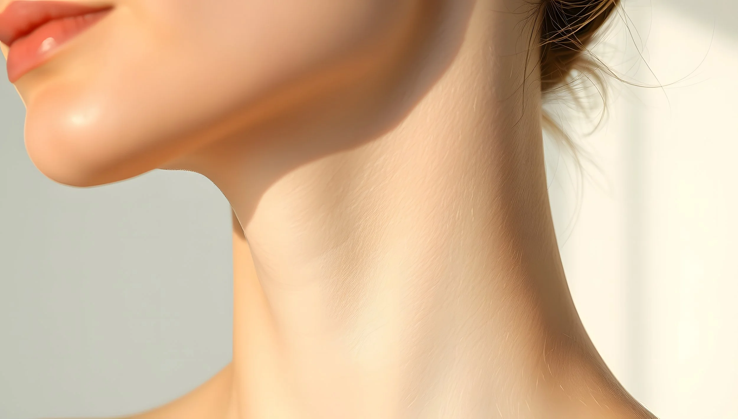 Close-up of a woman's lower face, jawline, neck, and part of her hair, with smooth, tan skin and soft lighting. Vérité Aesthetic Medicine | Injectables in Philadelphia