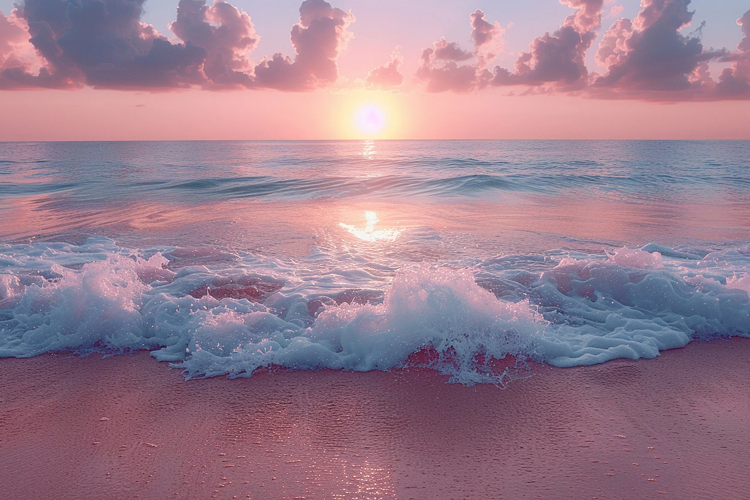 Sunset over the ocean with clouds and gentle waves on the beach. Vérité Aesthetic Medicine | Injectables in Philadelphia