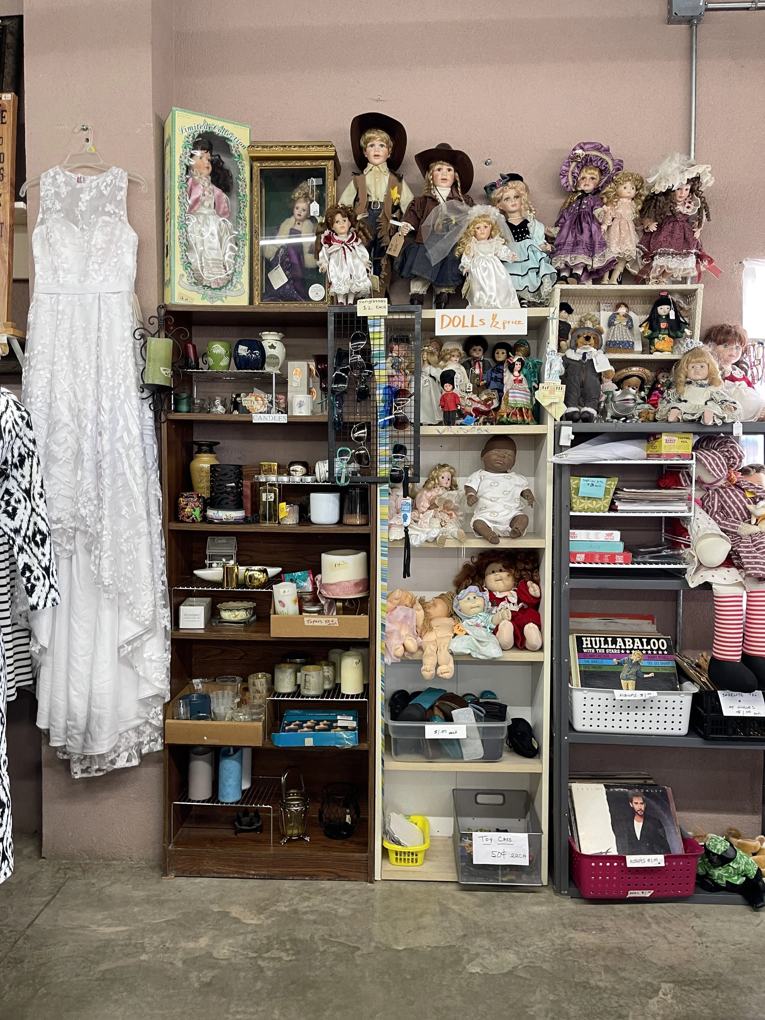 Dolls, wedding dress, toys and vinyl