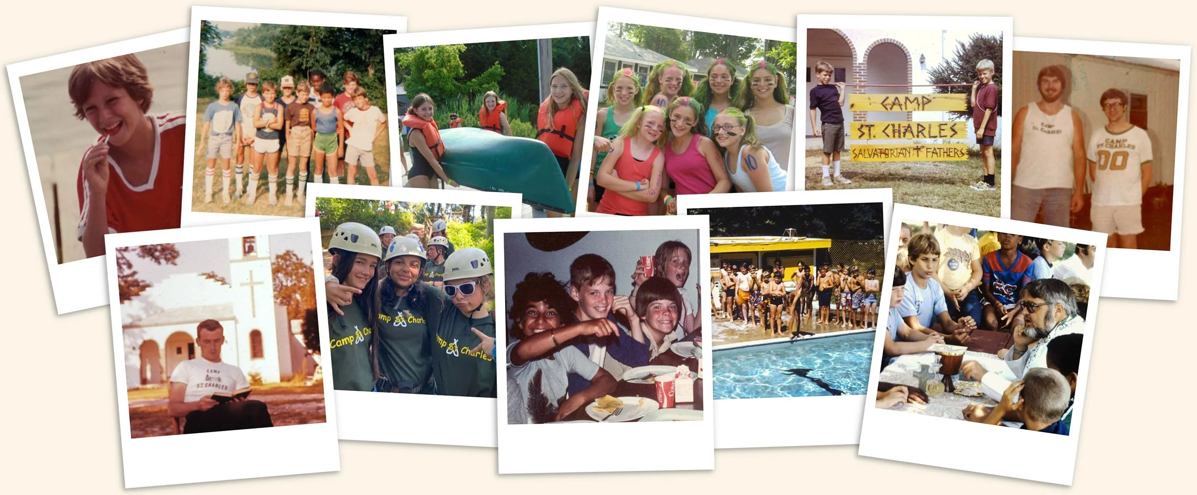 Collage of vintage photos of campers and staff from various eras of Camp St. Charles' history.