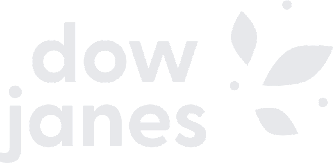 The logo reads "dow jones" in lowercase letters. There are stylized leaf shapes coming out of the dot in the letter "j".