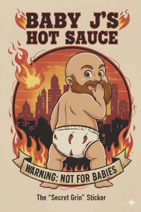 Cartoon of a bald baby with a beard, wearing a diaper with chili peppers, standing against a city skyline with flames around, playful smirk on face, with text 'Baby J's Hot Sauce' and a warning 'Not for babies'.