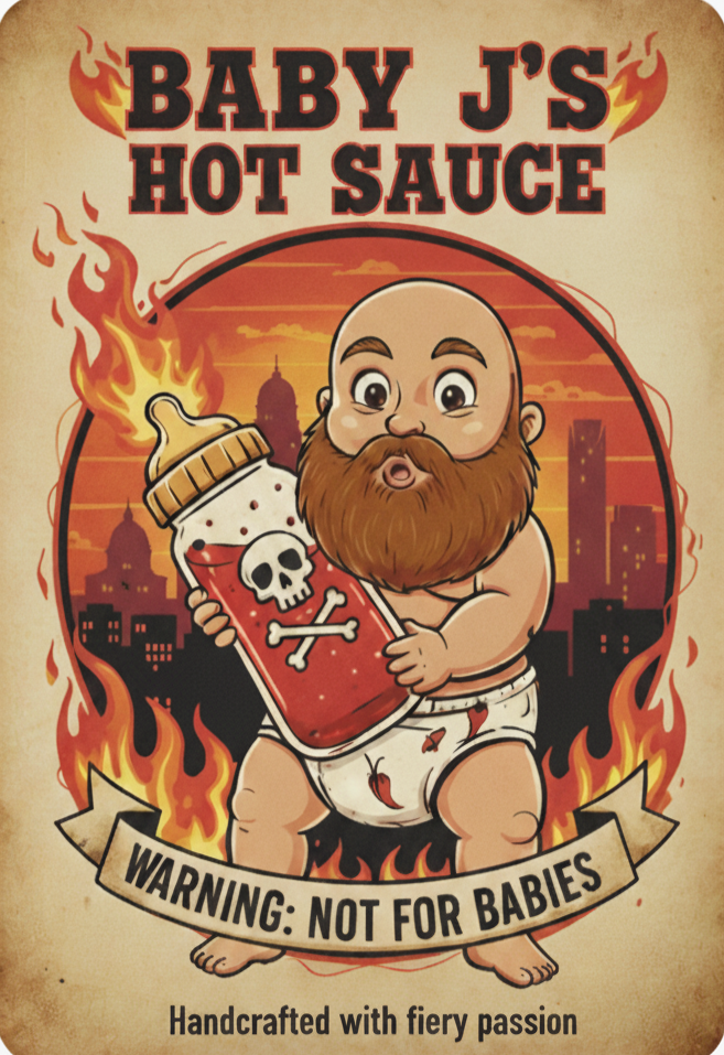 A cartoon baby with a beard holding a bottle of hot sauce with a skull and crossbones on it, surrounded by flames, with buildings in the background. Text reads 'Baby J's Hot Sauce' and 'Warning: Not for Babies.' Tagline: 'Handcrafted with fiery passion.'