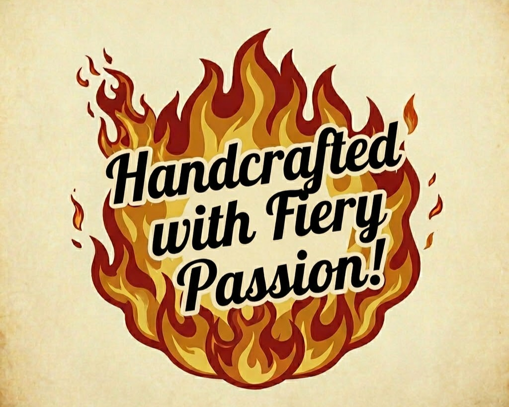 Text saying 'Handcrafted with Fiery Passion!' with flames surrounding it.