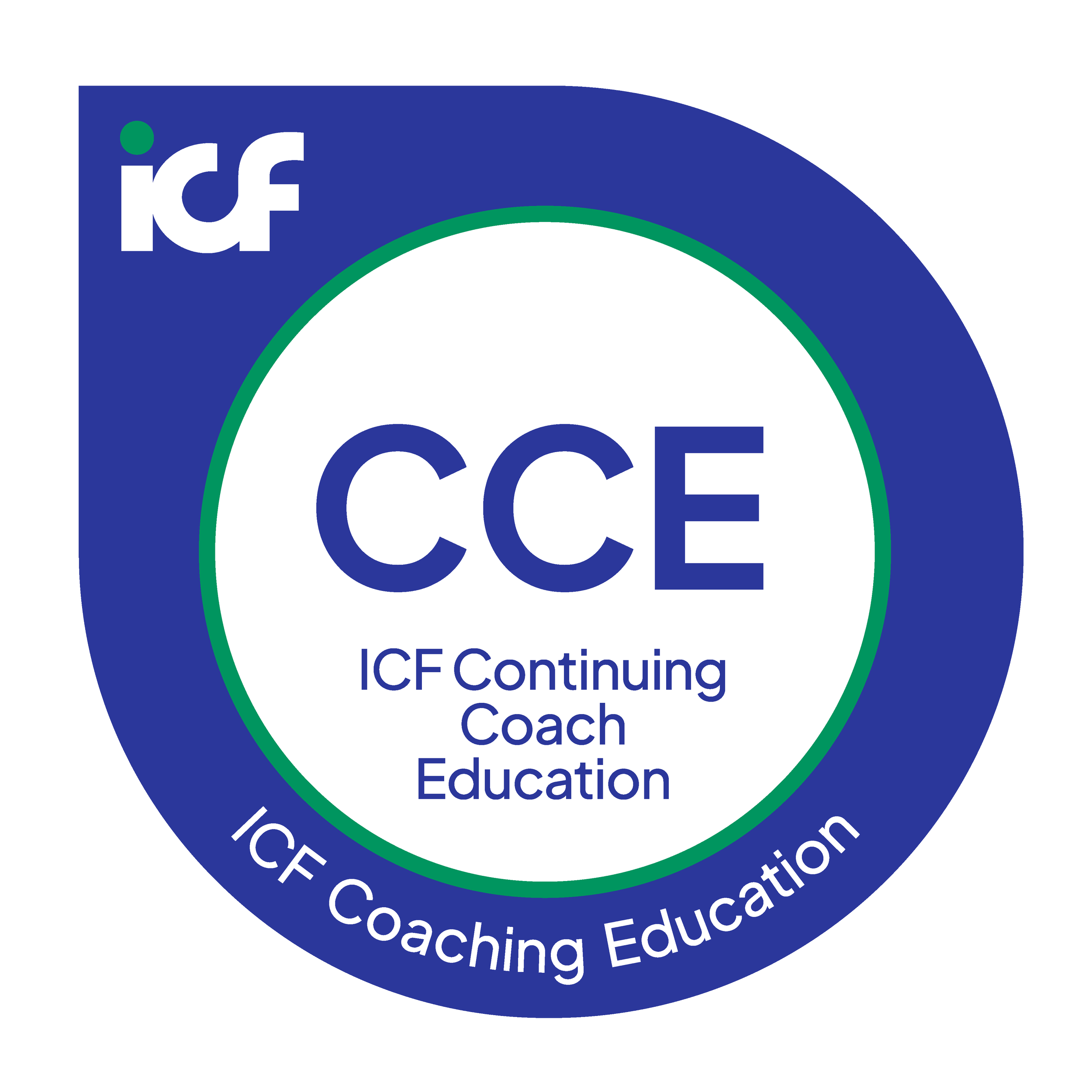 Close-up of a circular logo with blue, green, and white colors, displaying text about an ICE Continuing Coach Education program.