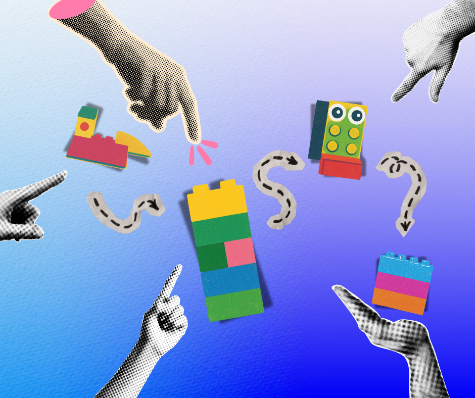 Colorful Lego-like building blocks and playful dotted arrows on a gradient blue-purple background, with comic-style pointing hands.
